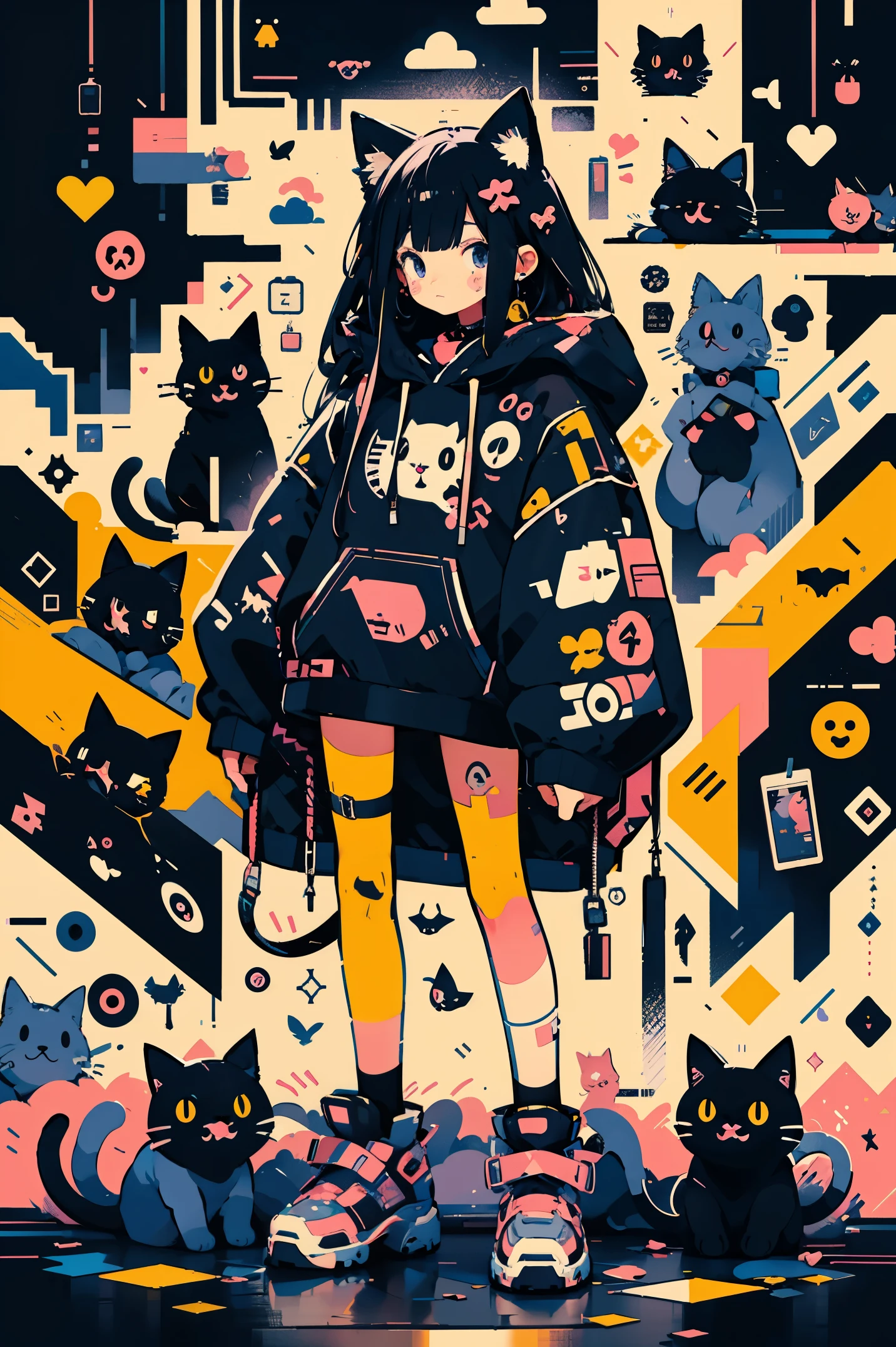 anime girl with black hair and a cat hat, anime style illustration, moe artstyle, wallpaper 8 k, digital illustration, beautiful catgirl, she wears a hoodie with animal ears and technowear technology, futuristic fashion in black and holographic colors, many details and buttons on it, cables coming out of the sleeves, the background is that of a simple pattern with cat motifs and paws, purple and black, black cat eyes, holographic, holo details