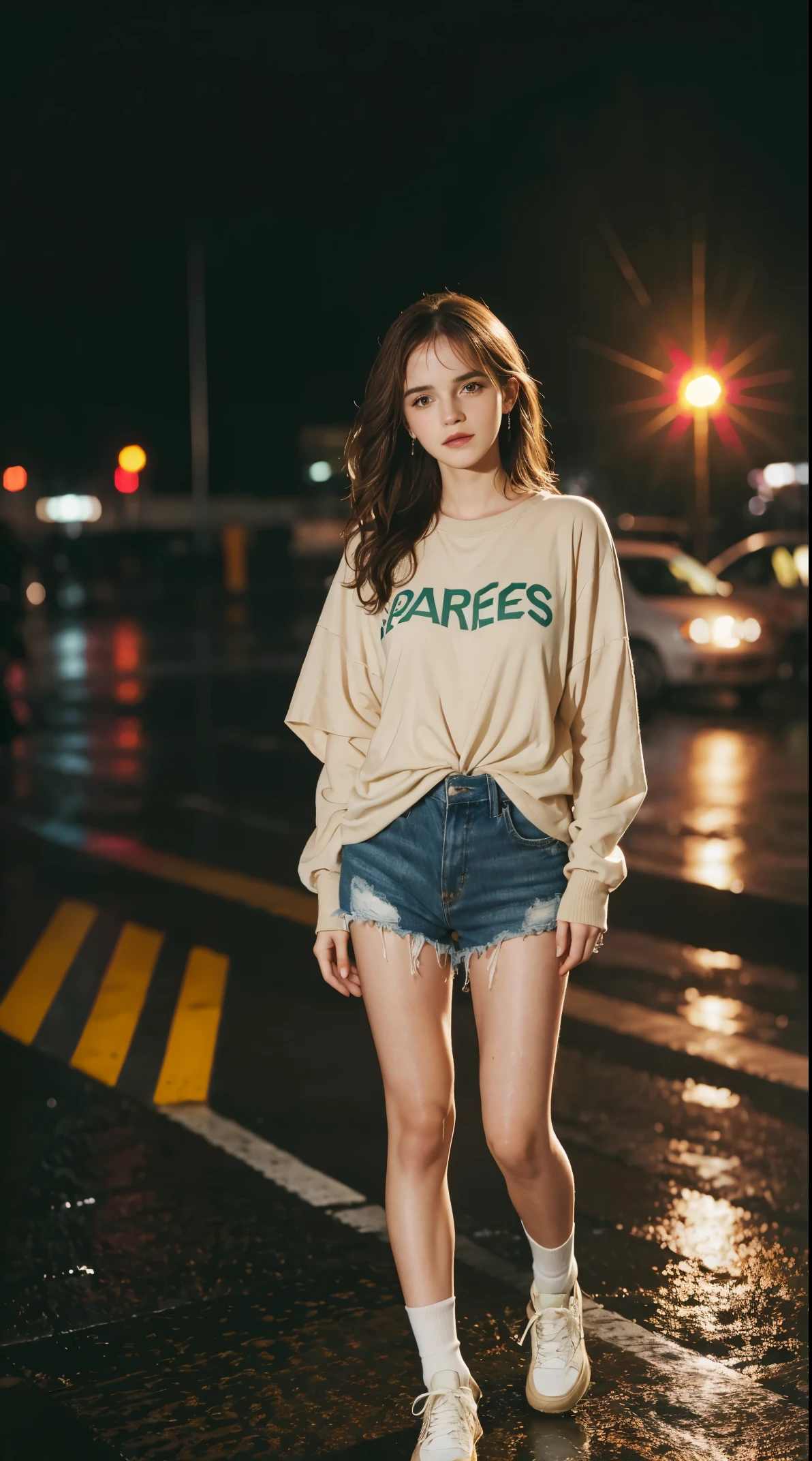50 years old, gorgeous cute  Brazilian girl, smirk, freckles, polaroid photo, (dark skin:1.4), (medium beige long hair:1.4), (full body shot) 22 year old woman,(getting rained on),(standing in the rain),long golden brown hair,green eyes,((wearing an oversized shirt, socks with high--tops)),(best quality, masterpiece:1.2),(photo-realistic),cute,cityscape,night,lots of rain,wet, (Emma Watson), Earrings, winner of most beautiful model, famous beautiful model, good young girl, (masterpiece:1.0),(best_quality:1.0), ultra high res,4K,ultra-detailed, photography, 8K, HDR, highres, absurdres:1.2, Kodak portra 400, blurry background, bokeh, lens flare, (skin texture:1.2), (vibrant_color:1.2),professional photograph, (the_tattoo:1.4), (beautiful_face:1.5),(narrow_waist). --v 6
