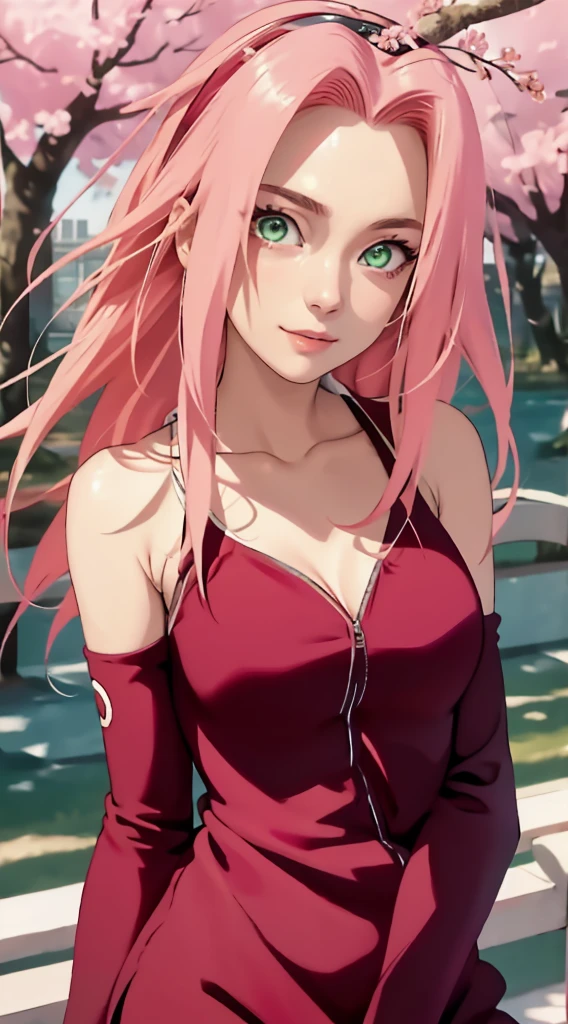 tmasterpiece， Best quality at best， 1girll， Sakura Haruno， Large breasts，Off-the-shoulder attire，（cleavage)，（upperbody closeup)，Raised sexy，is shy，ssmile，with pink hair， long whitr hair， （Green eyeballs:1.4)， Forehead protection， the cherry trees，Cherry blossoms flying，Red underwear,Zipper half,only underwear