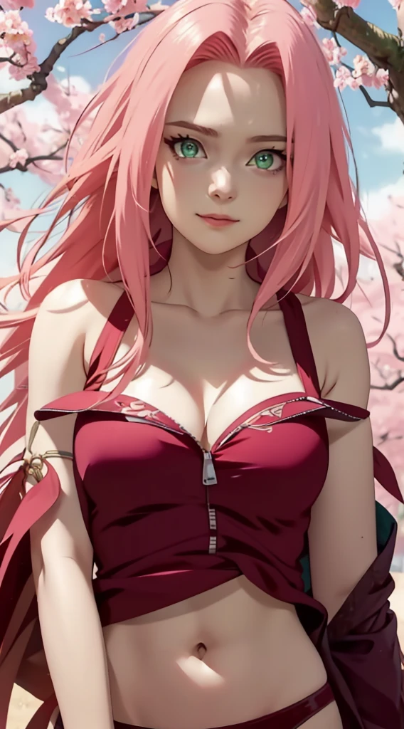 tmasterpiece, Best quality at best, 1girll, Sakura Haruno, Large breasts,Off-the-shoulder attire,(cleavage),(upperbody closeup),Raised sexy,is shy,ssmile,with pink hair, long whitr hair, (Green eyeballs:1.4), Forehead protection, the cherry trees,Cherry blossoms flying,Red underwear,Zipper half,only underwear