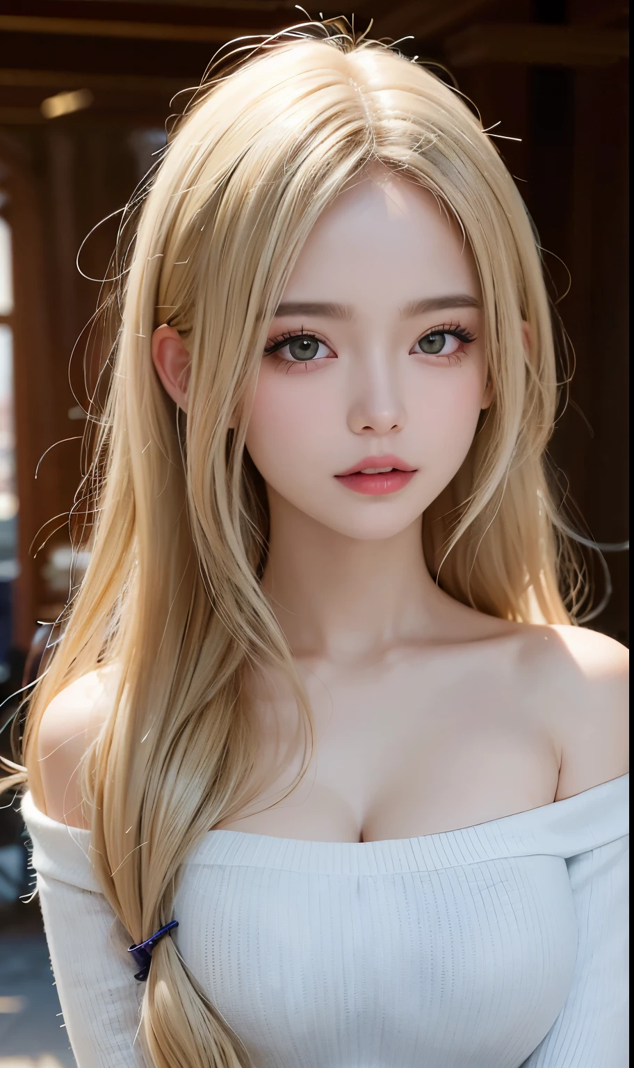 (8K, RAW photo, highest quality, High resolution:1.1), (hyperrealistic:1.4),(realistic, photorealistic:1.3), soft light,girl,realistic face,realistic body,realistic skin,disorganized,masterpiece,(cute:1.8),(big:1.2),sexual expression,鬠红,off shoulder knit,cleavage,film grain,cherry color lip,wet hair, close,viewers watching,long hair,whole body,upper teeth, Depth of bounds written, blurred background,focus of the eye,young,85mm lens,f/1.4,professional lighting,portrait,photon mapping,Physically based rendering,tattoo,embarrassing,Transparency,Silver blonde hair,