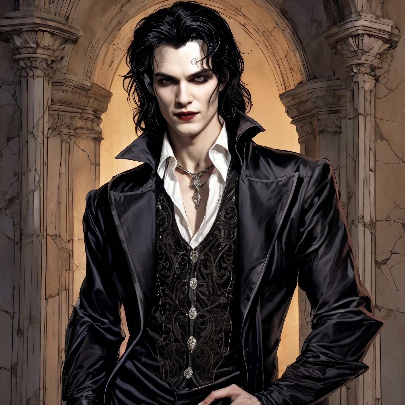 Detailed realistic picture of a male vampire, pale skin, disheveled jet-black hair, piercing eyes with kohl liner, New Wave and early Grunge fashion, chiseled features with a disarming smile, air of mystery, timeless look of the 1980s. Standing up at a vampire wedding.