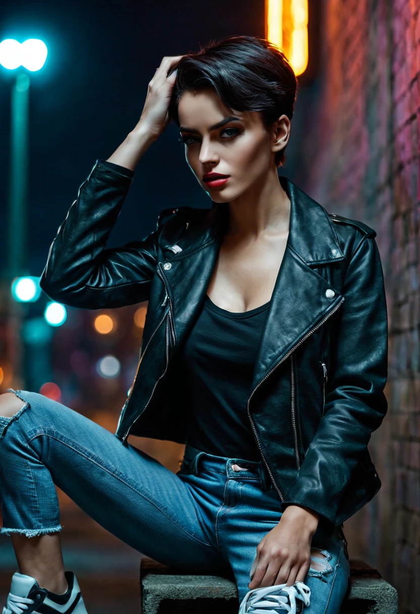 cinema mode, full silhouette portrait photo. realistic photo, 4k. young 25 year old girl. sits on a wall with one leg lowered and the other bent at the knee. slender and athletic. leather jacket and ripped jeans. sneakers. short black hair combed into a modern style. light makeup. blue eyes. dark eyebrows and eyelashes. natural lips. under the jacket a loose T-shirt with a large neckline. she looks feisty and flirtatious at the viewer. the background is a city on night and neon advertisements that illuminate the girl. dynamic lighting of the figure and background. realistic body structure. realistic skin texture. a goddess, a masterpiece.