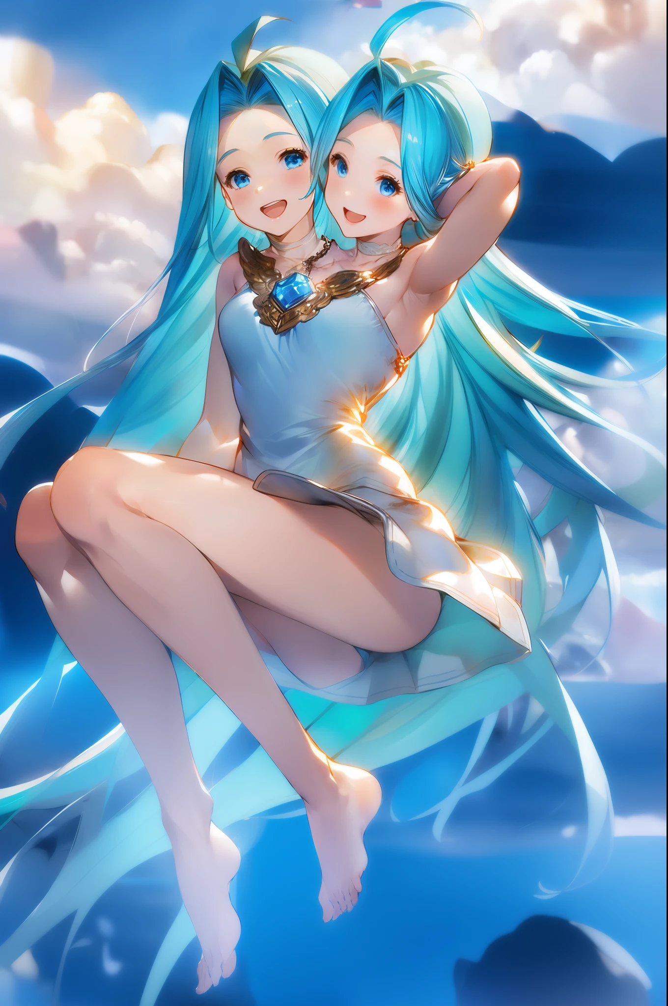 (2heads:1.6), masterpiece, highly detailed,  1girl, solo, full body, lyria_\(granblue_fantasy\), granblue fantasy, aqua hair, shiny hair, very long hair, blue eyes, ahoge, white cami-dress, blue pendant, short skirt, white skirt, bare foot, wedding guntlets, flying, field of deapth, looking at viewer, smile, happy, cloudy sky, blue sky,  bird, spread fingers