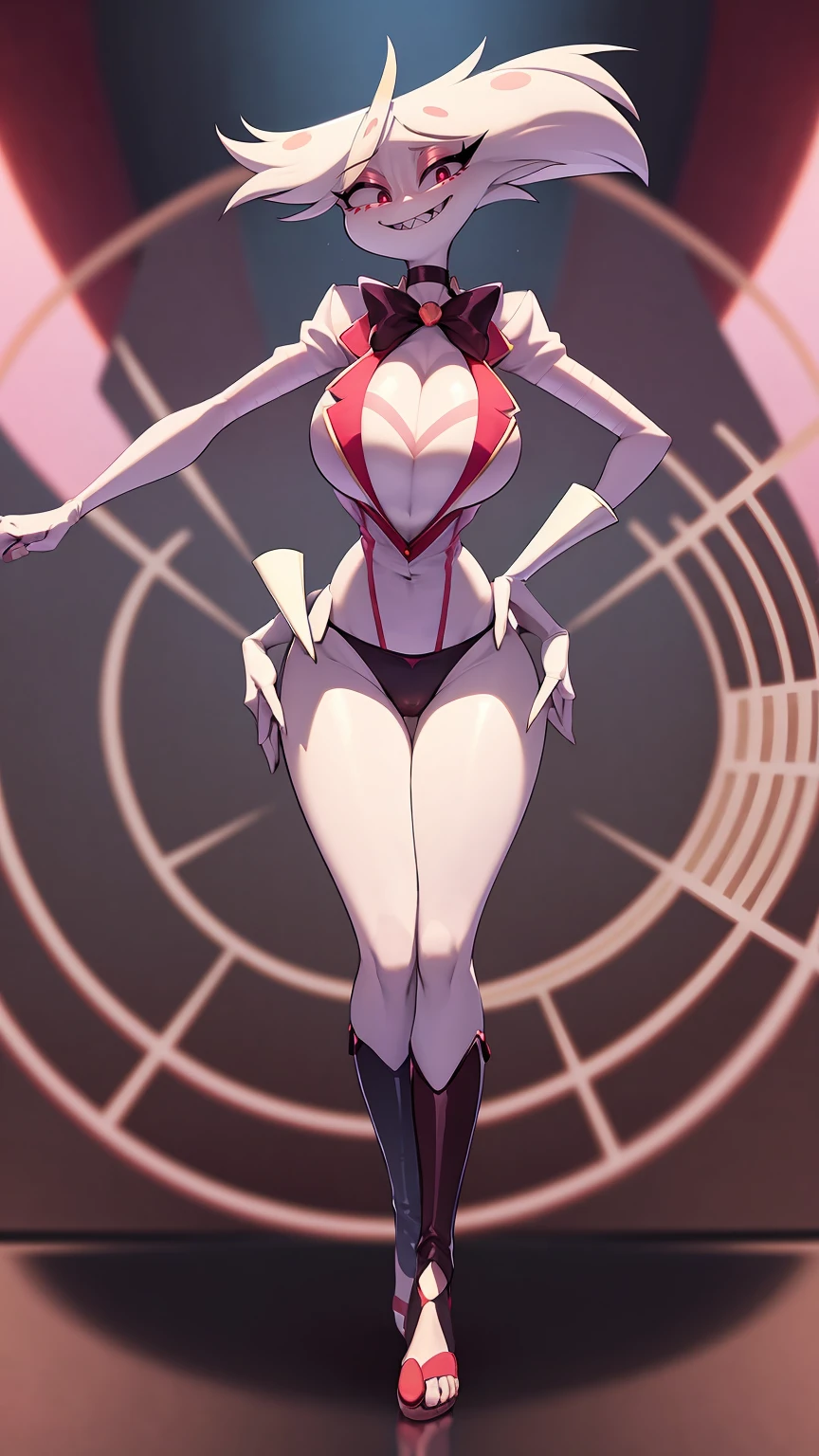 (best quality, masterpiece:1), furry, female, 1girl, anthro, angeldust, 4 arms, white cloths , thigh boots, gold tooth, huge chest tuft, choker, bowtie, , red gloves, grin, sharp teet hourglass figure, thick thighs, bubble butt, wide hips, *, pants, full, body, butler cloths, noble cloths,blending, reflection light, ray tracing, backlighting, bloom, blending, drop shadow, film grain, image fill, Fujicolor, halftone, motion lines, optical illusion, anaglyph, stereogram, speed lines, vignetting, scanlines, UHD, retina, masterpiece, ccurate, anatomically correct, textured skin, super detail, high details, high quality, award winning, best quality, highres, boots,refsheet, standing, full body, flipflops, pants