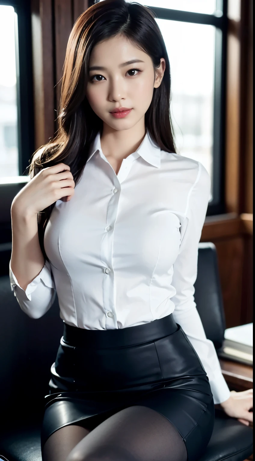 Classy upper class elite secretary wearing business shirt, work in the office、厳格なbusiness suitを着ている, wearing pantyhose、wear luxury high heels、 girl wearing a shirt, business suitを着ている, business suitを着ている, business suitを着て, business woman, business wear, 黒のbusiness suitを着ている, wear a shirt and skirt, business suitを着た女性, business suit, business attire, RAW photo, (8K、highest quality、masterpiece:1.2)、(intricate details:1.4)、(Photoreal:1.4)、octane rendering、Ultra-detailed complex 3D renderings, soft light in the studio, rim light, vivid details, super detail, realistic skin texture, details face, beautiful detailed eyes, Highly detailed CG Unity 16k wallpaper, compensate, (detailed background:1.2), exposed thighs!!!,