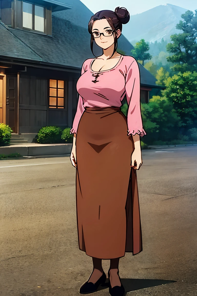 Anime style, 1 female, about 40 years old, black bun hairstyle, brown eyes, glasses, blouse, long dress, black pantyhose, black slippers, standing near the house, curvy body, whole body