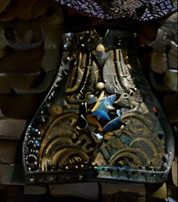 rich noble golden medieval shield, knee protection close up, armor