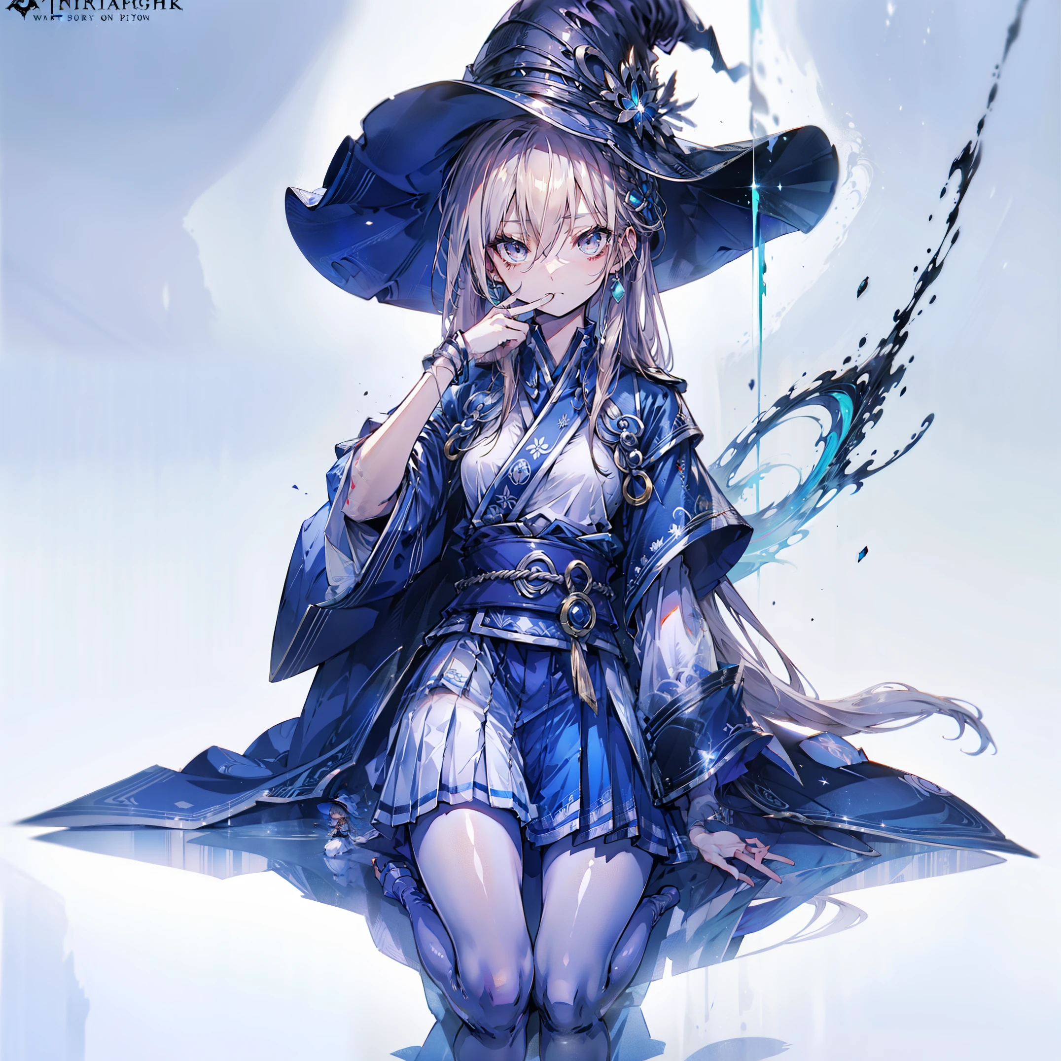 white background, blue skirt，solo woman, alone, (kneel down), (kneel down on white glass surface), (dk, small), (white background), (witch hat), curly, looking at the viewer, with panoramic view, Vision, It begins with the night of the ark., Popular topics on Art Station pixiv, Arknight, pixiv digital art,Onmyoji detailed art, Japanese anime fantasy illustration, author：hero, anime art wallpaper 8k, Sky Witch, pixiv style, anime art wallpaper 4k, anime art wallpaper 4k, (pretty background), Ink painting style，pretty colors，Decisive cut，広いblank領域, blank, space，master piece， super sophisticated，epic work，expensive、expensive品質，best quality，4K