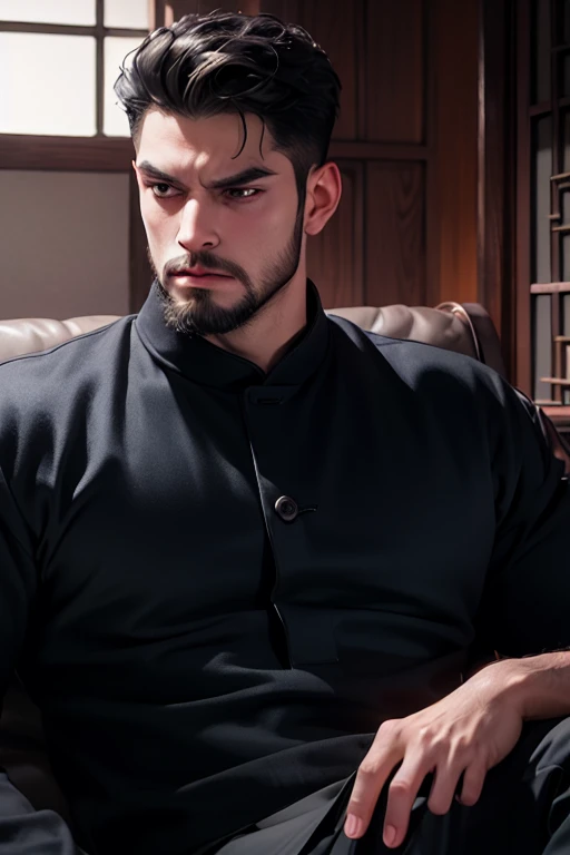 masterpiece，best quality，Ultra-detailed，1 uncle，individual，black hair，beard，Keep your eyes open，looking at the screen，angry，Modern furniture，Clothing of the Republic of China，combat state，