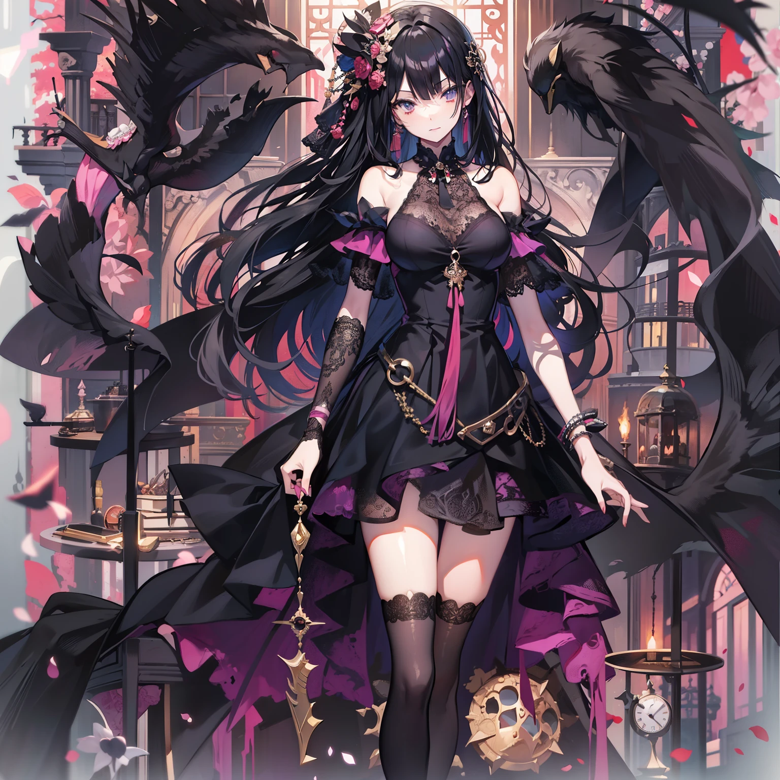 masterpiece、hightquality、Black hair long hair、deco、Black stockings、one piece dress、domineering、cocky、arrogant、