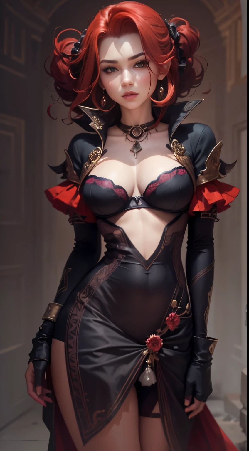 1 , succubus, cabelo chanel, cabelo vermelho, ruiva, lingerie preto e vermelho, castlevania, 30 anos, espartilho sensual, vestido cropped, aparecendo o corpo, very sharp image, 8K, beautiful face, beautiful body, very beautiful clothes, alluring