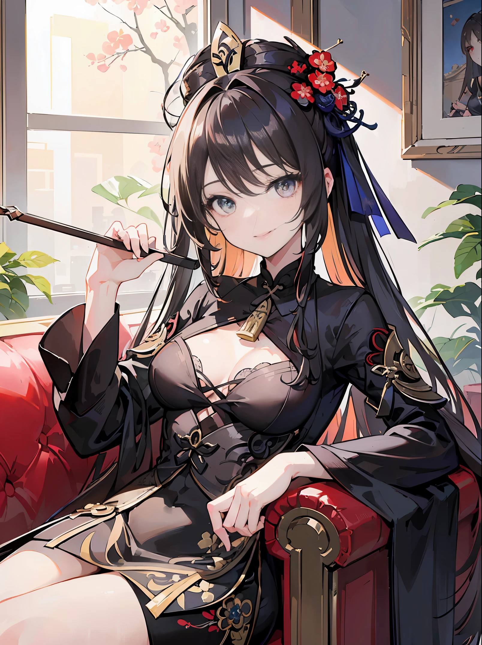 masterpiece), (best quality), (ultra detailed),(disheveled hair),(illustration), (1girl), smiling, beautiful detailed eyes,detailed beautiful face, (Hu Tao 1.2), focus on face,Hu Tao(genshin impact), detailed hair, bangs, best lighting, best shadow, highly detailed, vibrant, sitting on sofa