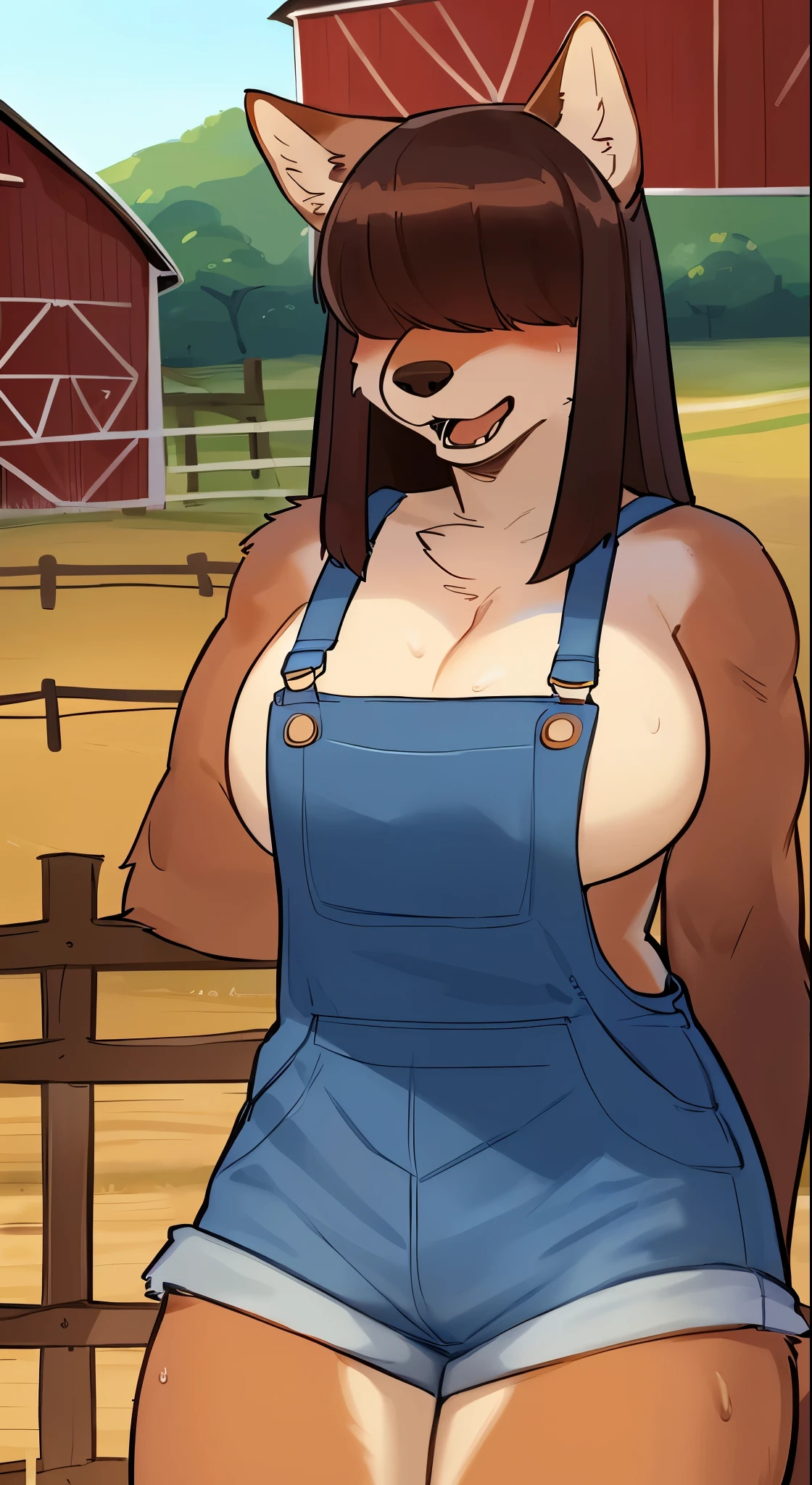 By bebebebebe, by lostgoose, by goonie-san, female, ((canine, snout, hair covering eyes, straight hair, medium hair, flat hair, ears, thin snout)), brown fur, big poofy tail, raised tail, dark maroon hair, ((muscular, big breasts)), solo, (((sweaty, panting, exhausted))), open mouth, standing, (overalls only, only wearing overalls, just overalls, no shirt), (((farm, barn)))