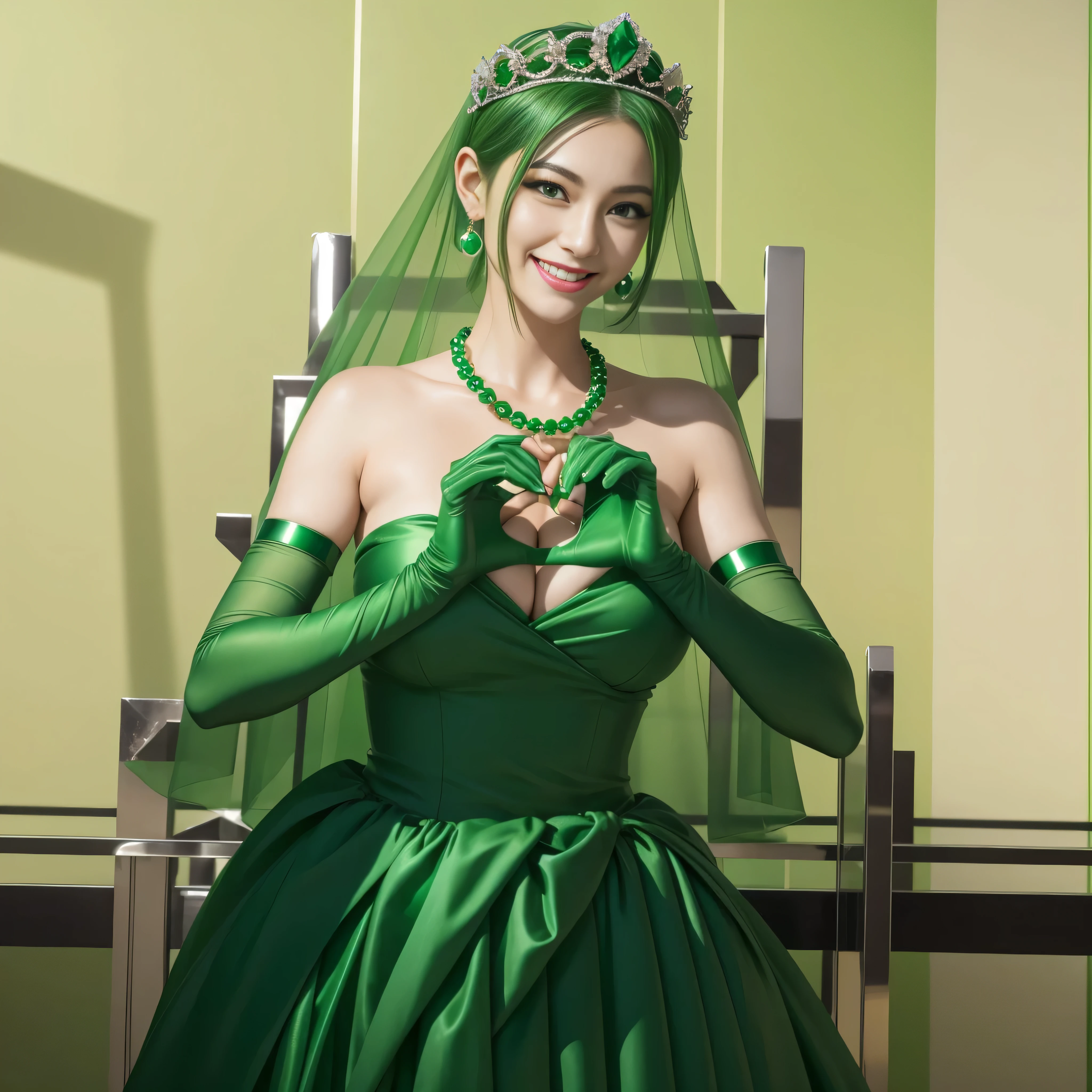emerald tiara, green pearl necklace, ボーイッシュな非常に短いgreen hair, lipstick, smiling Japanese woman, very short hair, Beauty with large breasts, green eyes, Long Green Satin Gloves, green eyes, emerald earrings, green veil, heart with both hands, green hair