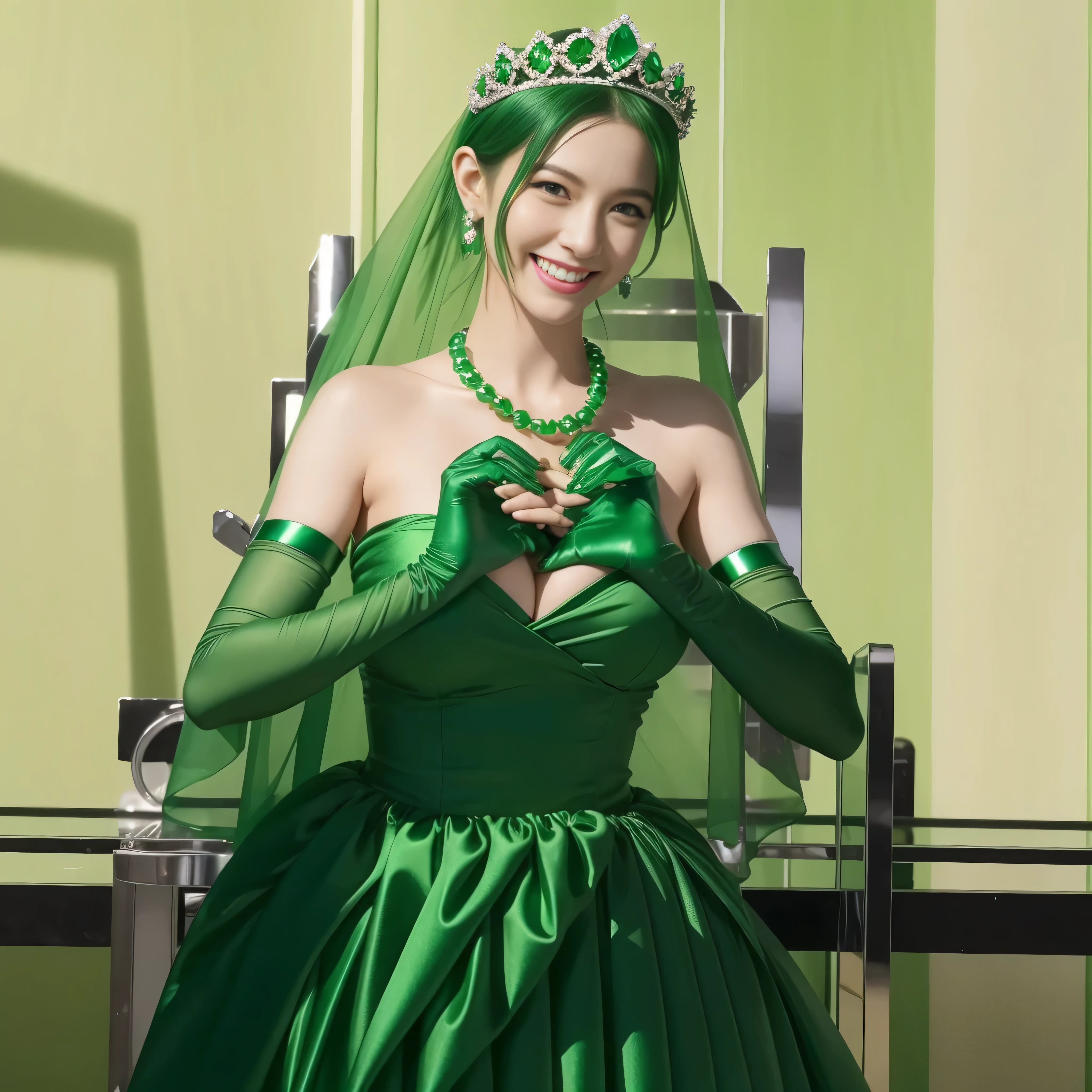 emerald tiara, green pearl necklace, ボーイッシュな非常に短いgreen hair, lipstick, smiling Japanese woman, very short hair,  Beauty with large breasts, green eyes, Long Green Satin Gloves, green eyes, emerald earrings, green veil, heart with both hands, green hair