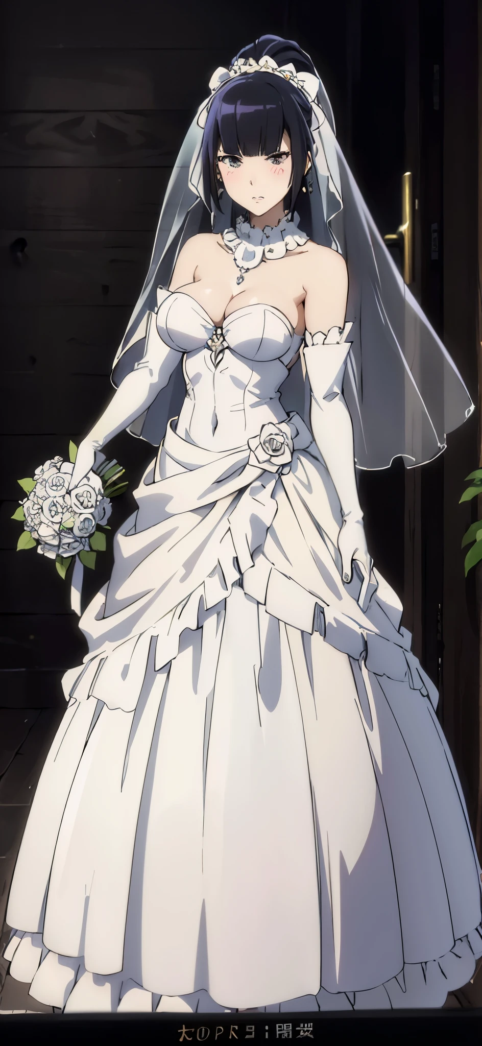 (((Perfect picture))), (ridiculous), 1 girl, alone, Naboral Gamma,black hair, ponytail,Gurwitz,pillory,Head flail,hand flail,flail,(bridal veil:1.5),(short sheer veil:1.5),Blushing face,Head flower,headgear,(tube top wedding dress:1.5),(Silk dress:1.2),(Strapless wedding dress:1.5),Bouquet,pure white dress,necklace,earrings,(large breasts:1.3),Deep V peach heart collar wedding dress,Bangs,lipstick,(lace gloves:1.3),Bust photo,High detail RAW color art,Tyndall phenomenon