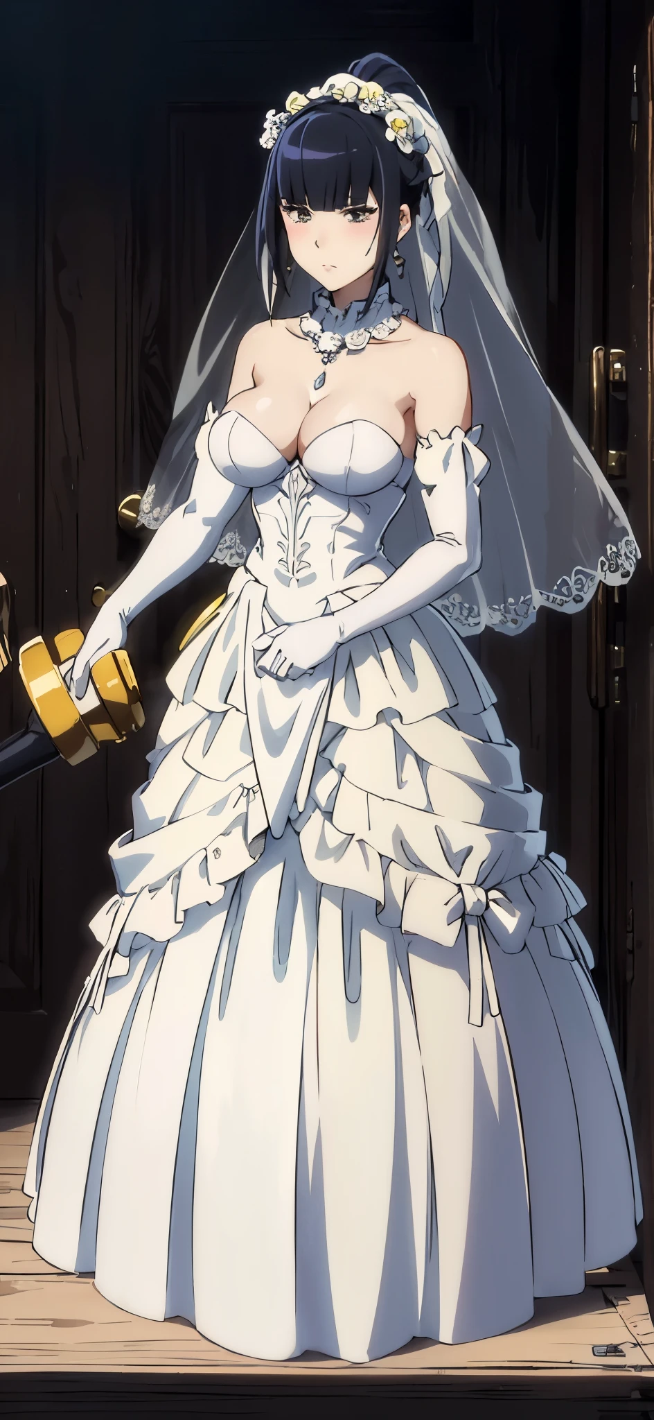 (((Perfect picture))), (ridiculous), 1 girl, alone, Naboral Gamma,black hair， ponytail，Gurwitz，pillory，Head flail，hand flail，flail，(bridal veil:1.5），（short sheer veil：1.5），Blushing face，Head flower，headgear，（tube top wedding dress：1.5），（Silk dress：1.2）,（Strapless wedding dress：1.5）,Bouquet,pure white dress，necklace，earrings，(large breasts:1.3)，Deep V peach heart collar wedding dress，Bangs，lipstick，（lace gloves：1.3）,Bust photo,High detail RAW color art,Tyndall phenomenon