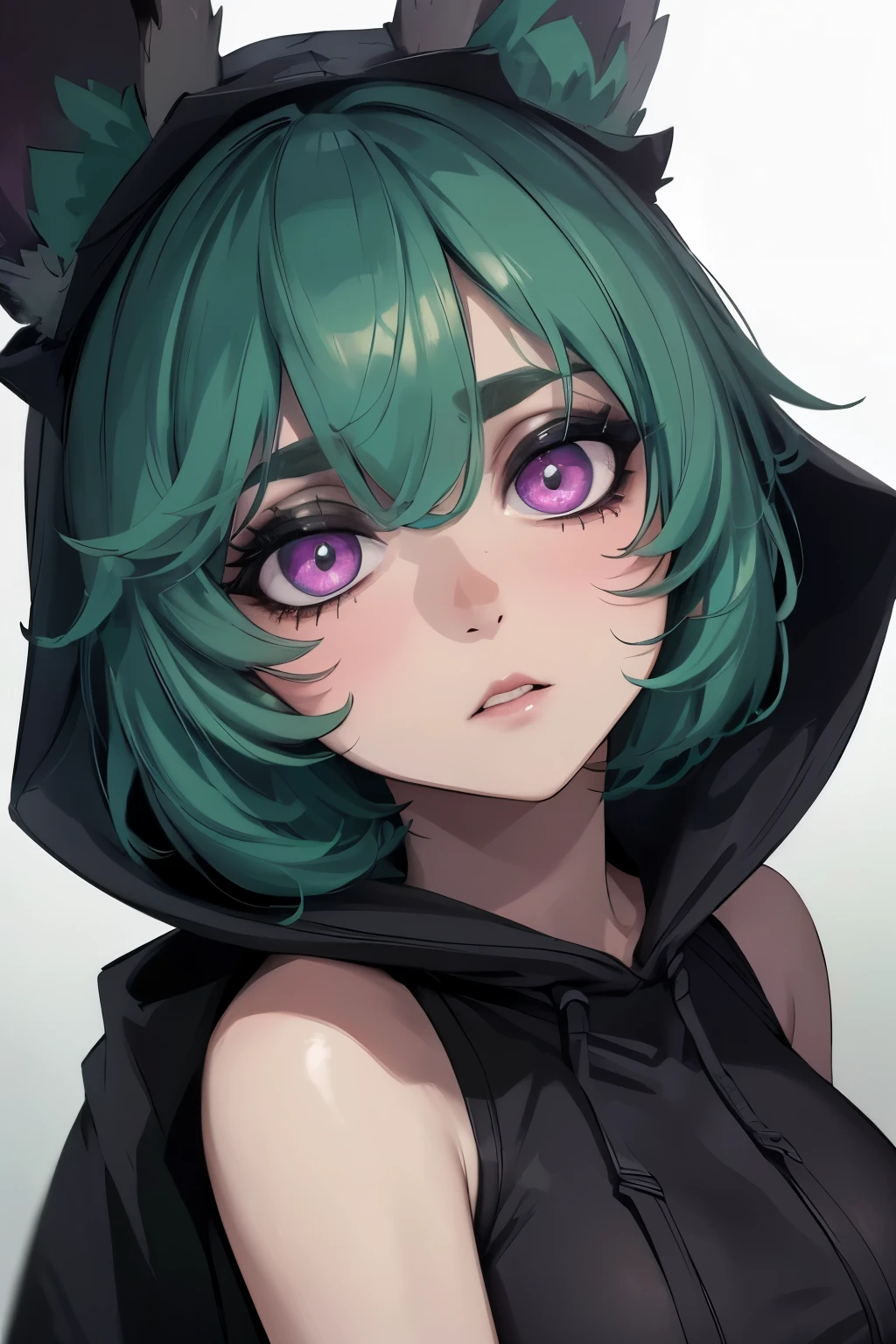 masterpiece,(best quality,top quality,8k),illustration,painting,detailed eyes and face,close_up,(1girl),vex,(green hair,short hair),(black pajama),purple eyes,rabbit ears,black hoodie, pretty girl, beauty skin, ultra high res, raw photo, ultra detailed , detailed eyes and face , (looking at viewer ),(puffy eyes) ,good contrast , high sharpness,(gorgeous),realistic,RAW Photography,(hyperdetailed:1.2)