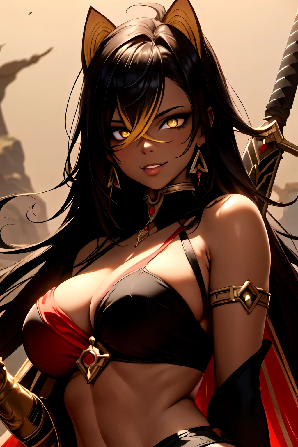 masterpiece,best quality,studio lighting,dehya, (dark skin),seductive pose, glowing eyes, (yellow eyes),perfect face, perfect hands, detailed lips, detailed nose, detailed eyes, (huge breasts), cat ears,confident smile,(holding a highly detailed sword with a ruby embedded in it),detailed background,desert background,oasis