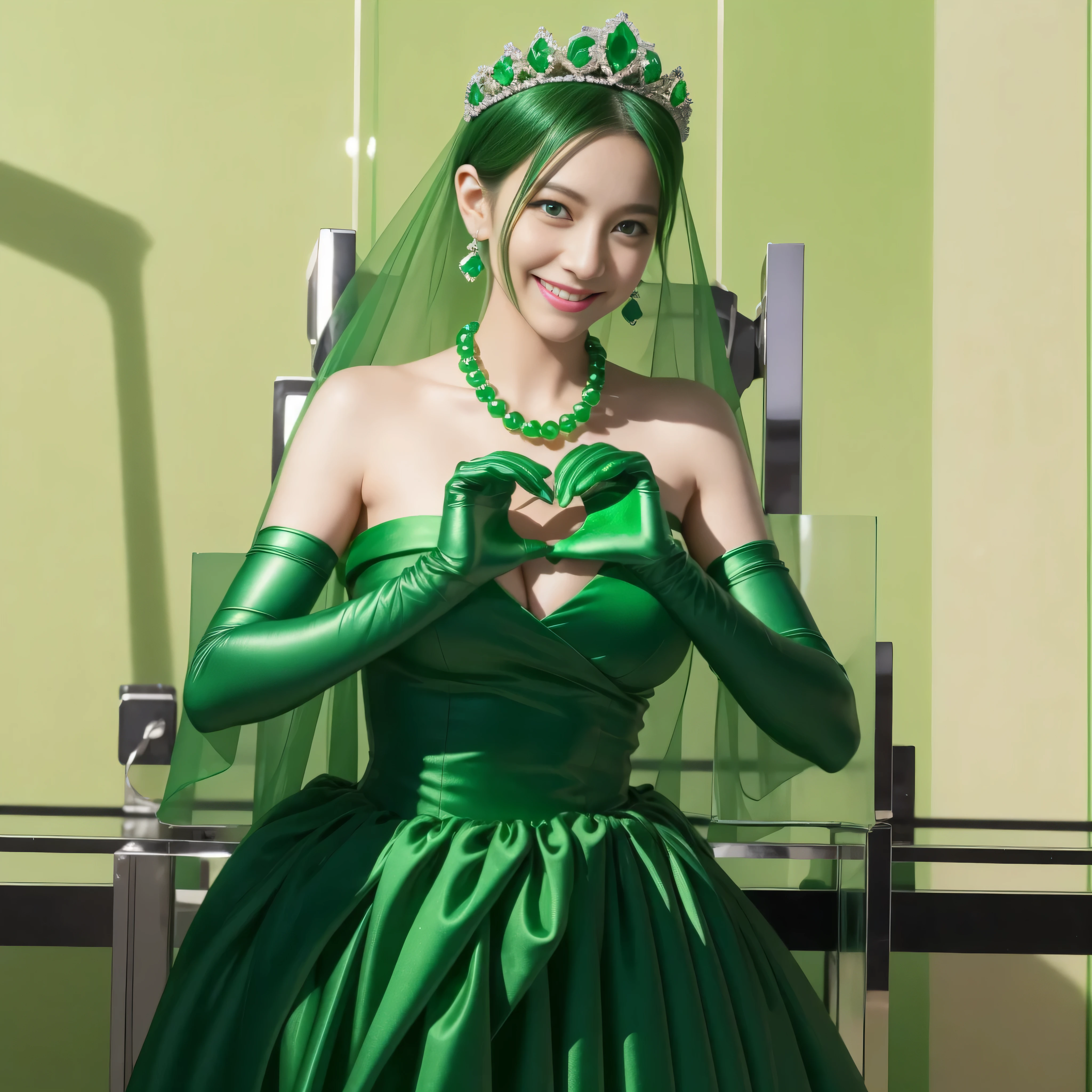 emerald tiara, green pearl necklace, boyish very short green hair, lipstick, smiling Japanese woman, very short hair, Beauty with large breasts, green eyes, Long Green Satin Gloves, green eyes, emerald earrings, green veil, heart with both hands