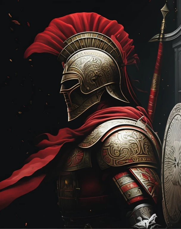 there is a painting of a Espartano with a red cape, Espartano warrior, Espartano, soldado antigo, dressed in Espartano armour, Espartano rage, Espartano armor, gladiador romano, smiling Espartano, roman centurion, Arte digital detalhada em 4k, guerreiro antigo, epic digital art illustration, Arte detalhada 4k, rosto de guerreiro pintando vermelho, ares com armadura pesada e espada