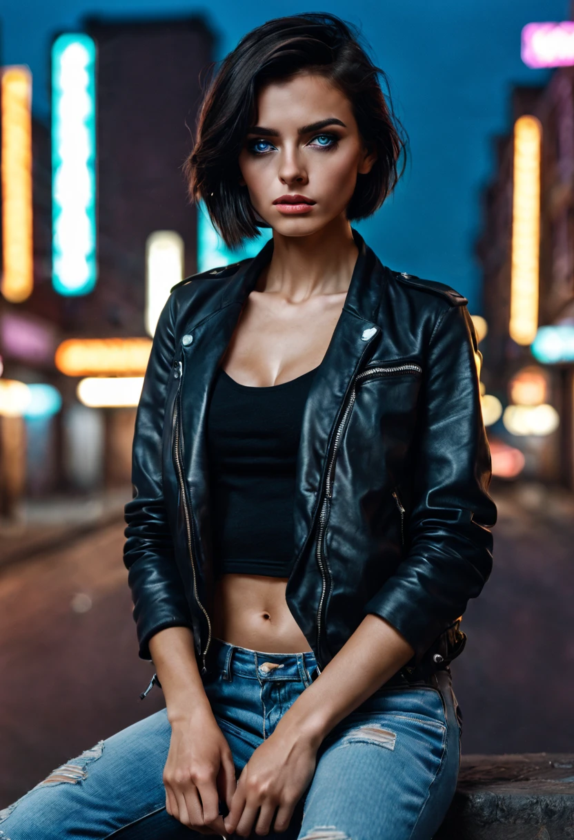 cinema mode, full silhouette portrait photo. realistic photo, 4k. young 25 year old girl. sits on a wall with one leg lowered and the other bent at the knee. slender and athletic. leather jacket and ripped jeans. sneakers. short black hair combed into a modern style. Shaved hair above the ear on one side, longer hair on the other side falling to the neck. light makeup. blue eyes. dark eyebrows and eyelashes. natural lips. under the jacket a loose T-shirt with a large neckline. she looks feisty and flirtatious at the viewer. the background is a city on night and neon advertisements that illuminate the girl. dynamic lighting of the figure and background. realistic body structure. realistic skin texture. a goddess, a masterpiece, realistic babe, breast