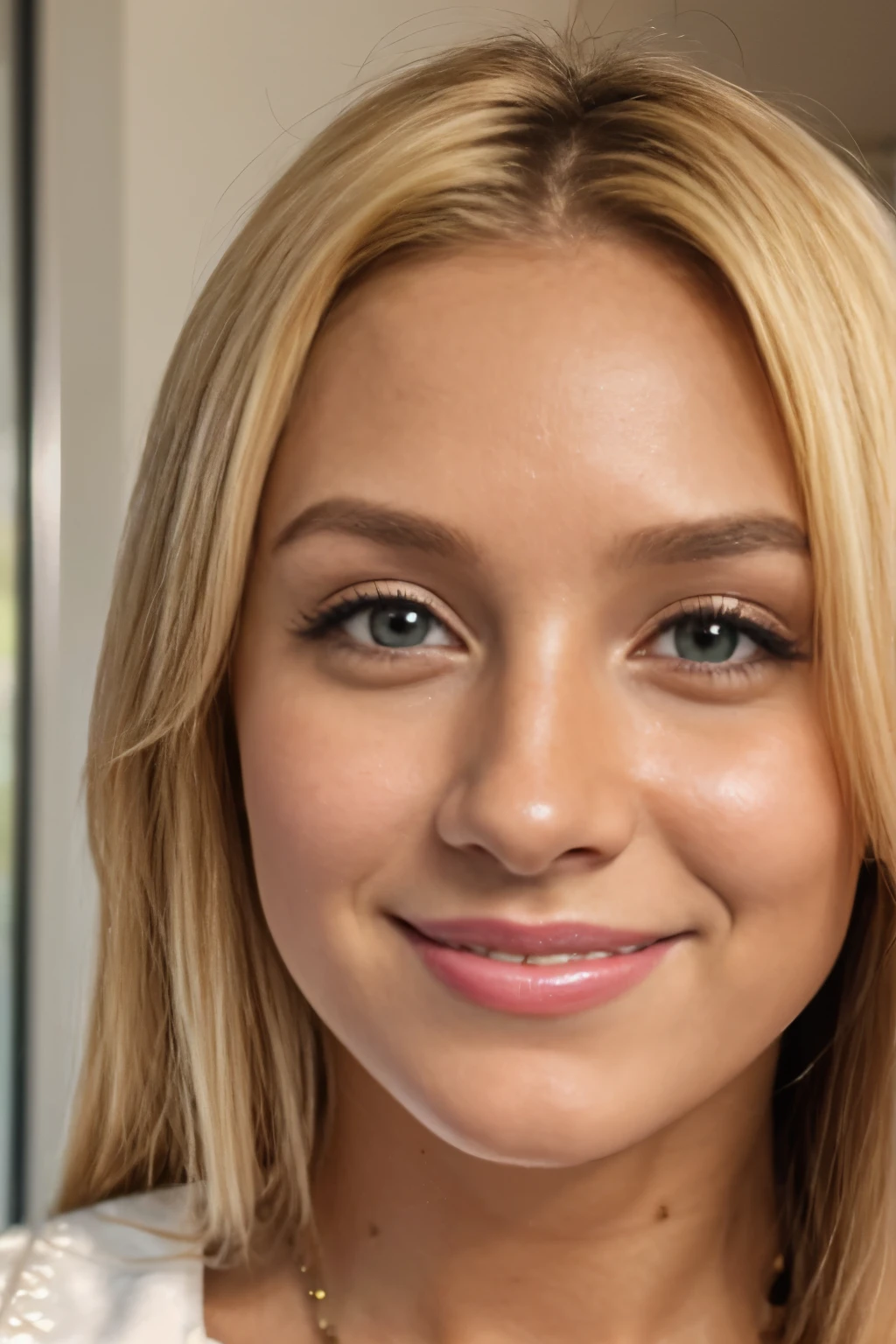 Create a realistic portrait of a 25-year-old Colombian woman with blonde hair and light eyes. La mujer debe estar mirando de frente y su cara debe estar en el centro de la imagen, debera tener fondo blanco como si fuera una foto tomada para pasaporte. Make sure to highlight her natural beauty and radiant smile.. Pay special attention to facial details and use warm colors to enhance your skin.