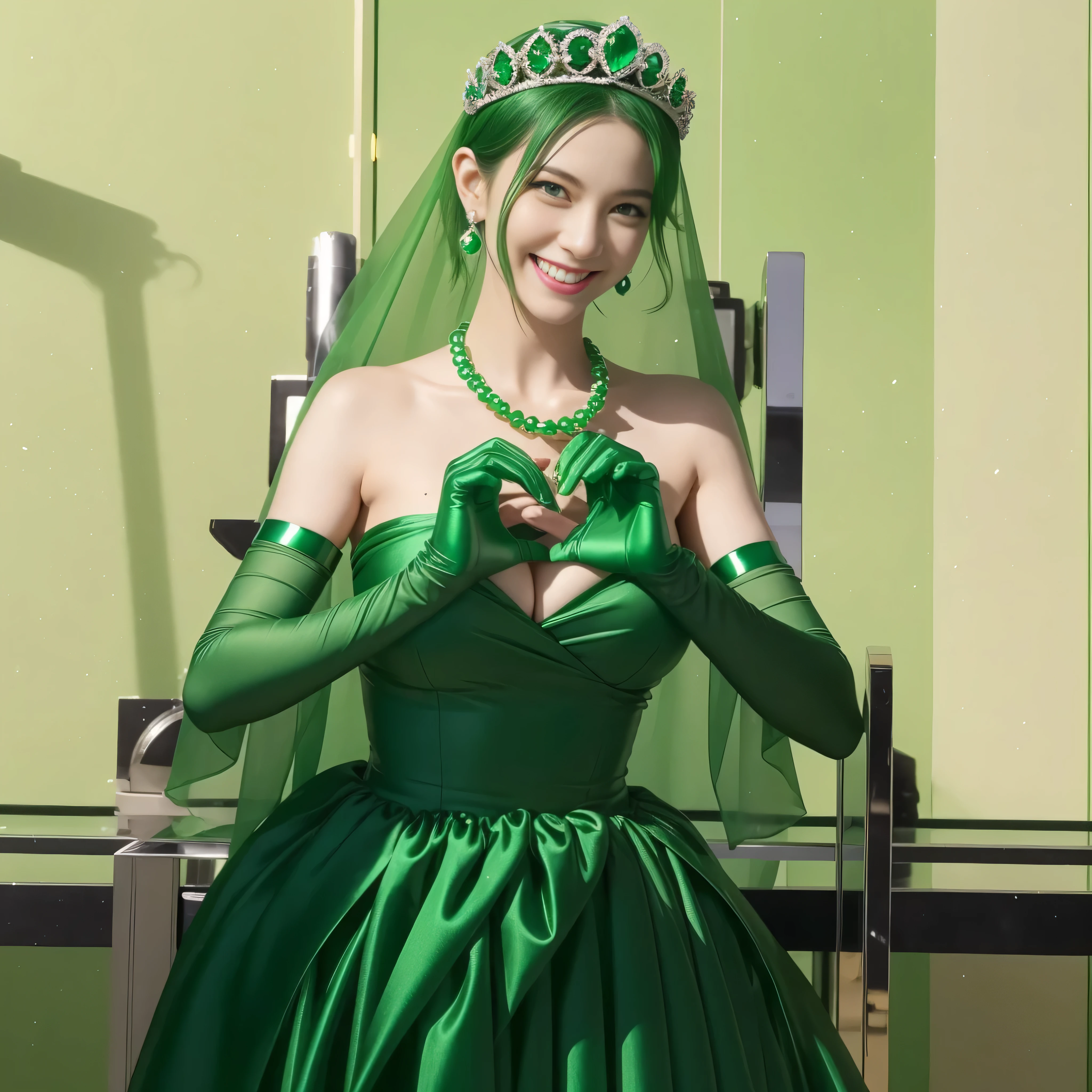 emerald tiara, green pearl necklace, ボーイッシュな非常に短いgreen hair, lipstick, smiling Japanese woman, very short hair,  Beauty with large , green eyes, Long Green Satin Gloves, green eyes, emerald earrings, green veil, heart with both hands, green hair