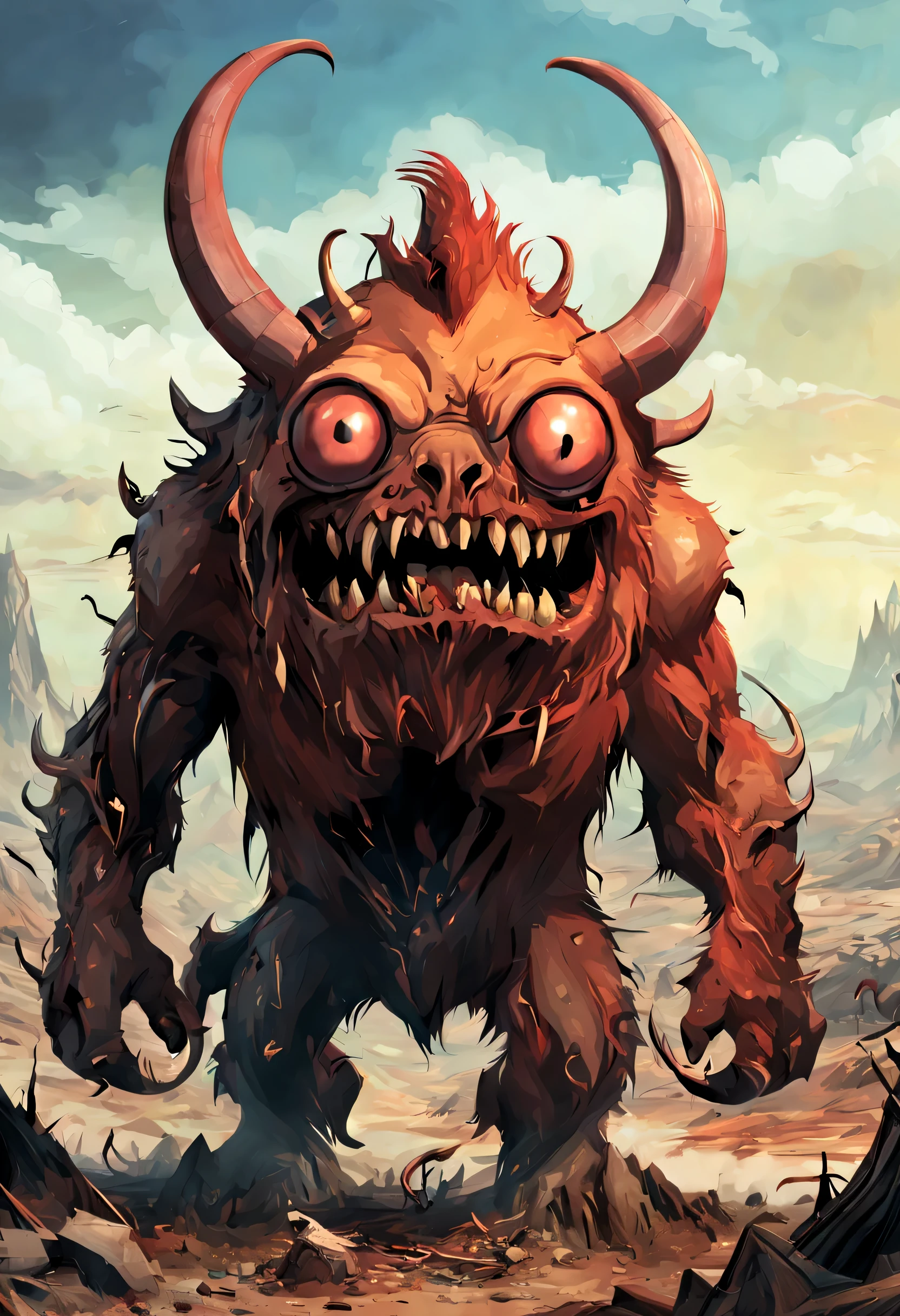 Full-body shot of a giant monster with a single huge eye, sharp teeth, reddish skin, huge horns, in a post-apocalyptic landscape, in the style of Adventure Time.