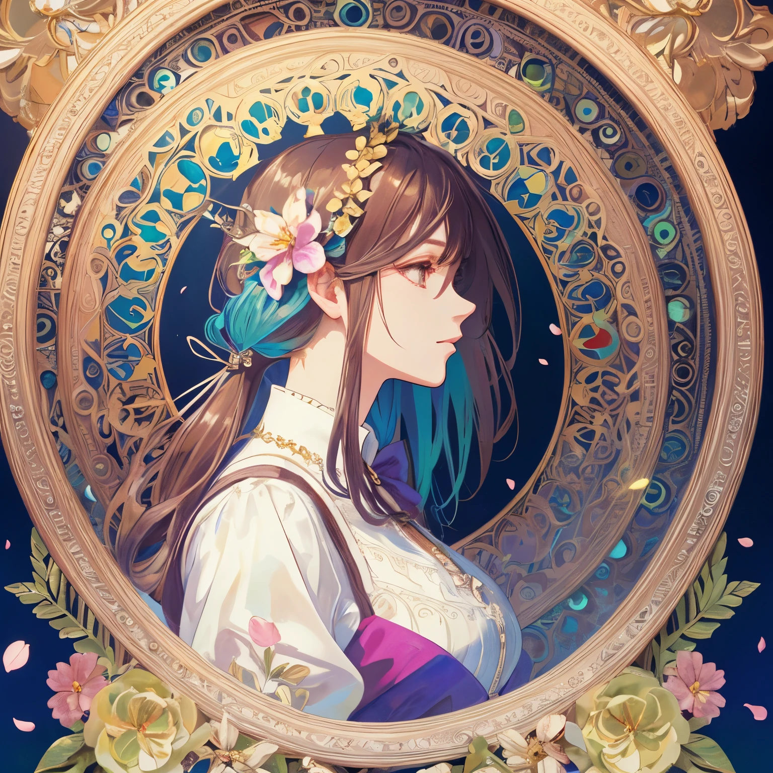 Beauty 1 person、(masterpiece、highest quality、highest quality、beautiful and aesthetic:1.2)、round picture frame、Rainbow-colored、Shining jewelry hair ornament、flowers in full bloom、detailed jewelry、dynamic、Based on the concept of an elegant woman、(Alphonse Mucha)、Shining eyes、profile、colorful hair、Fluttering petals、Gradation、hyperdetailed intricately detailed, unreal engine, wonderful, intricate details, splash screen, complementary color, Realistic concept art, 8K resolution, 逸脱のmasterpiece