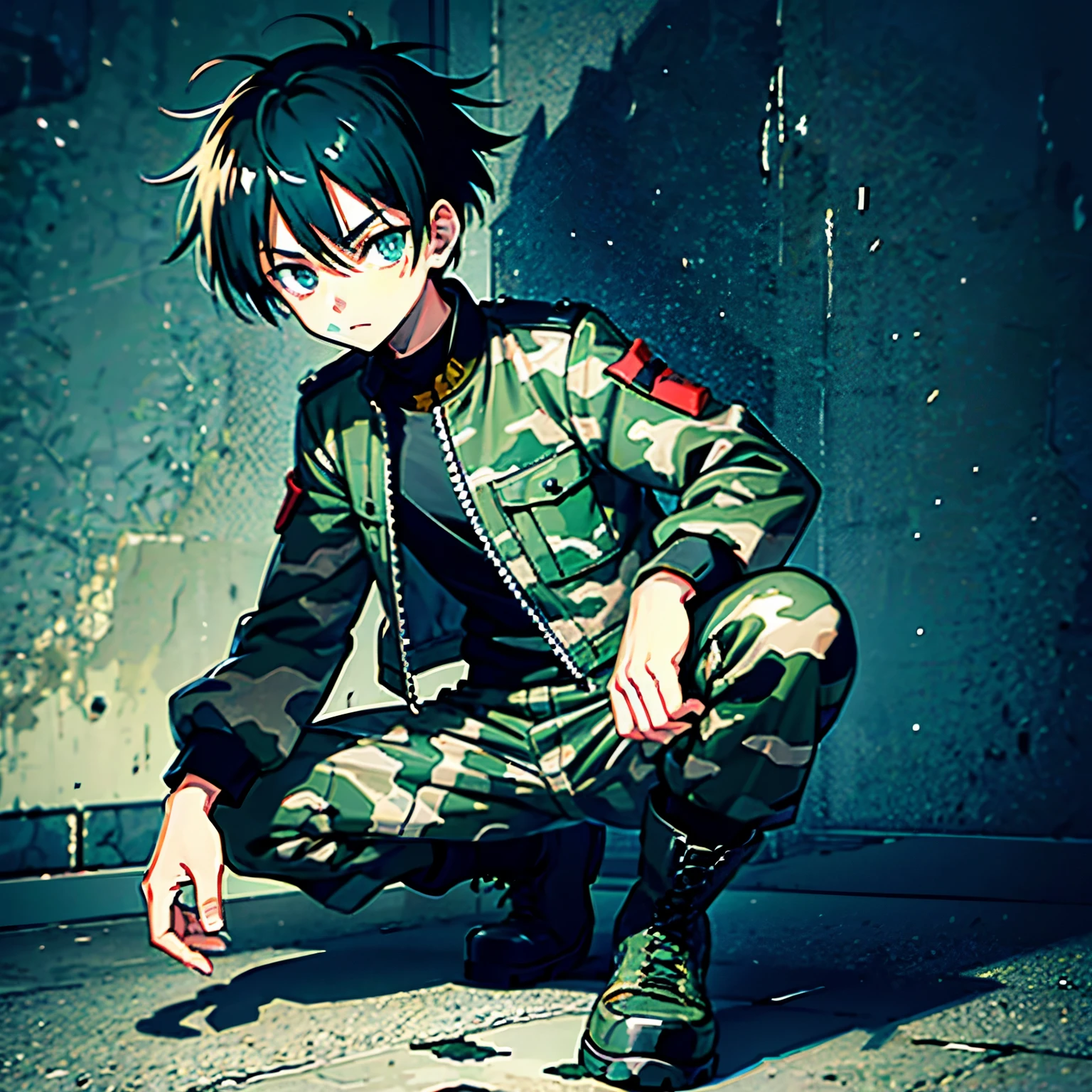 12 year old boy with short spiky black hair and teal eyes wearing a camo combat jacket, camo combat pants, and black combat boots in Hunter x Hunter art style.