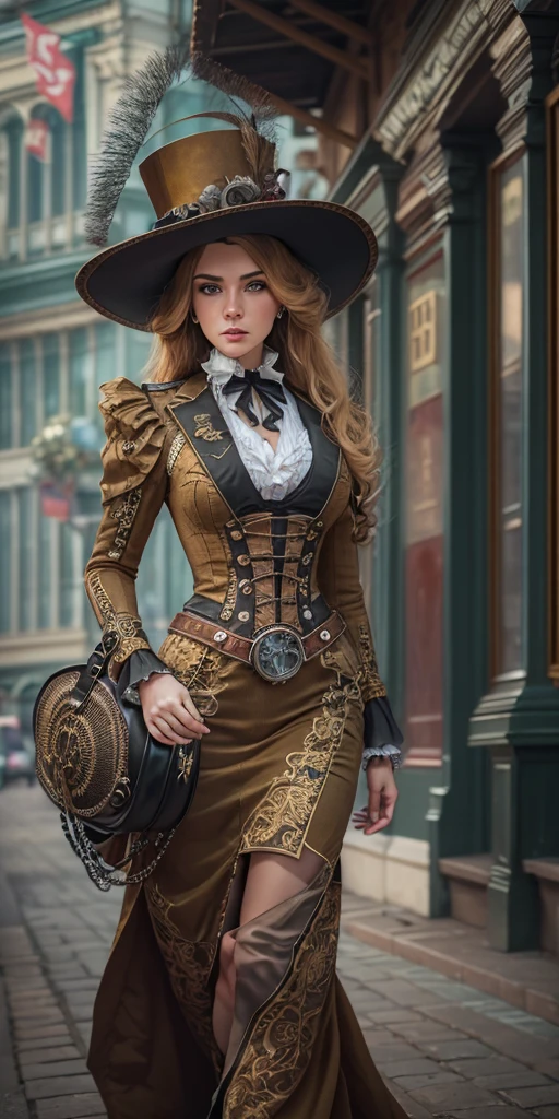 Best possible quality, high resolution 8k,most Beautiful woman with a dress and hat walking down the street, tanned skin, fine hat, elegant,fantasy Victorian art, Victorian inspired science fiction, steampunk fantasy style, steampunk fantasy, Miss Aniela, Victorian lady, Victorian city, Victorian style costume, intricate Victorian dress, Victorian inspired clothing,  League holder, fine art fashion photography, steampunk fiction, steampunk aesthetic, fantasy genre portrait, fine art fashion magazine style,only underwear 