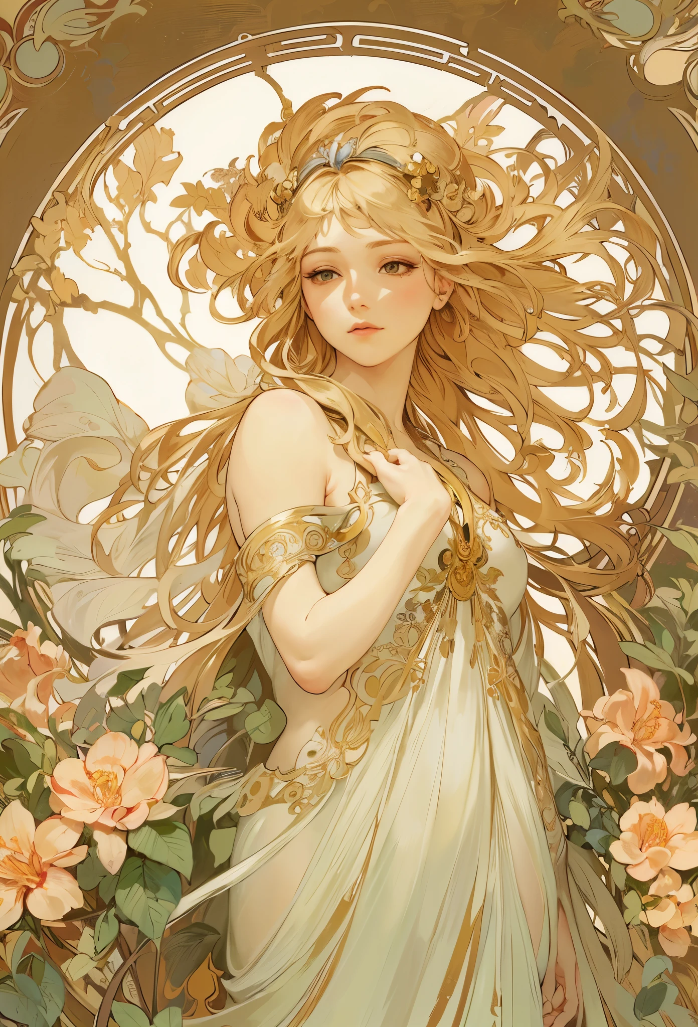 oracle,Alphonse Mucha ,(masterpiece,best quality),(high-res,detailed),(poster),flat shading:1.4,detailed body,(detailed face))
blonde hair,Botanical art,Floral art,big tits,bare shoulders,open cross:1.5,long eyelashes:1.5,small face:1.5,
