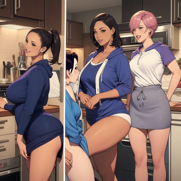 multiple thick body mature women wearing hoodie and short skirt talking and laughing in a kitchen party, daytime, lift skirt show panties from backside, ((show only mature women))