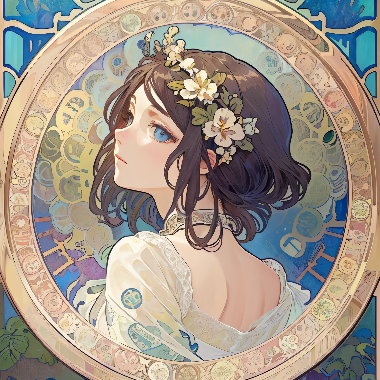 Beauty 1 person、(masterpiece、highest quality、highest quality、beautiful and aesthetic:1.2)、round picture frame、Rainbow-colored、Shining jewelry hair ornament、flowers in full bloom、detailed jewelry、dynamic、Based on the concept of an elegant woman、(((Alphonse Mucha)))、Shining eyes、profile、colorful hair、Fluttering petals、Gradation、hyperdetailed intricately detailed, unreal engine, wonderful, intricate details, splash screen, complementary color, Realistic concept art, 8K resolution, 逸脱のmasterpiece
