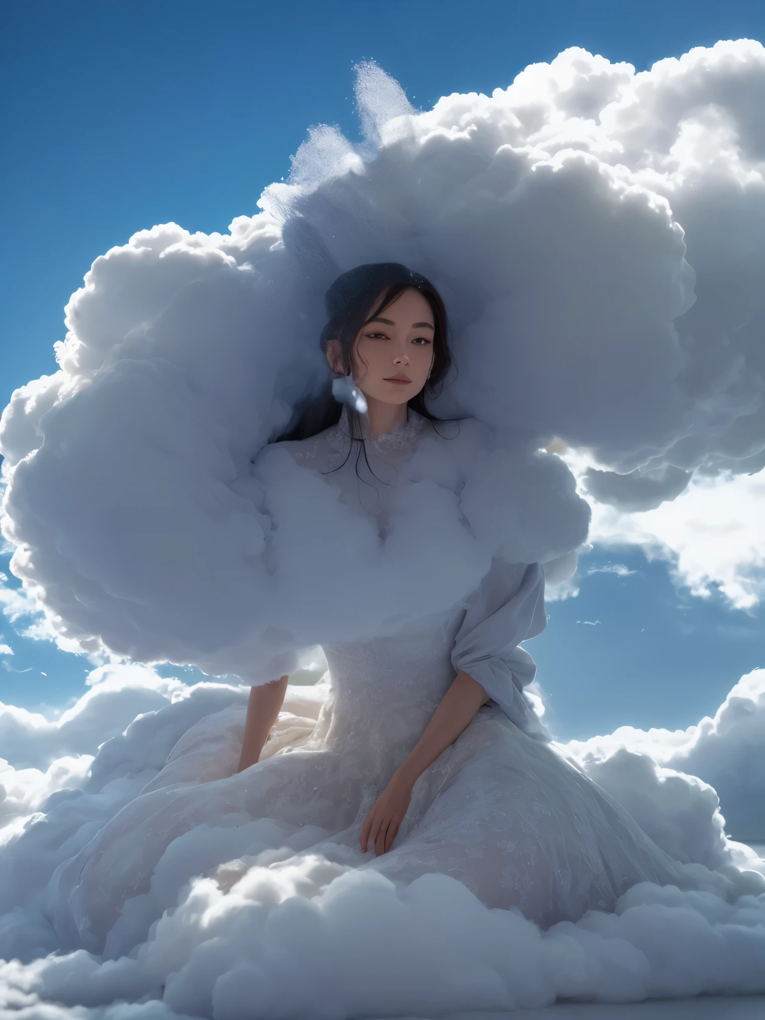 arafed woman sitting on a cloud with a wedding dress on, sitting in a fluffy cloud, lie on white clouds fairyland, cloud goddess, in white clouds fairyland, in a cloud, girl clouds, in the white clouds fairyland, giant clouds, white cloud, white fluffy cloud, standing on a cloud, fancy clouds, she is floating in the air