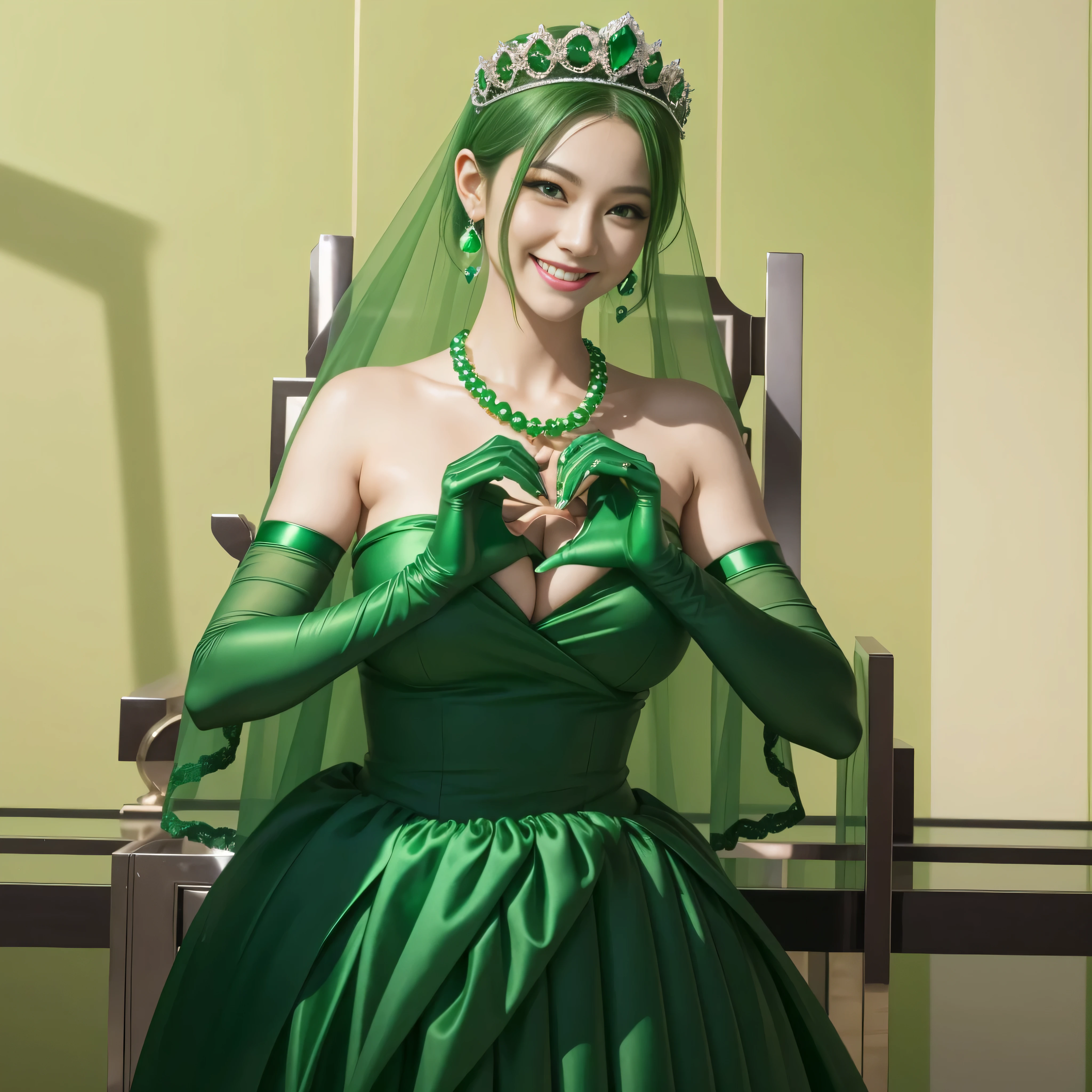emerald tiara, green pearl necklace, ボーイッシュな非常に短いgreen hair, lipstick, smiling Japanese woman, very short hair, Beauty with large breasts, green eyes, Long Green Satin Gloves, green eyes, emerald earrings, green veil, heart with both hands, green hair
