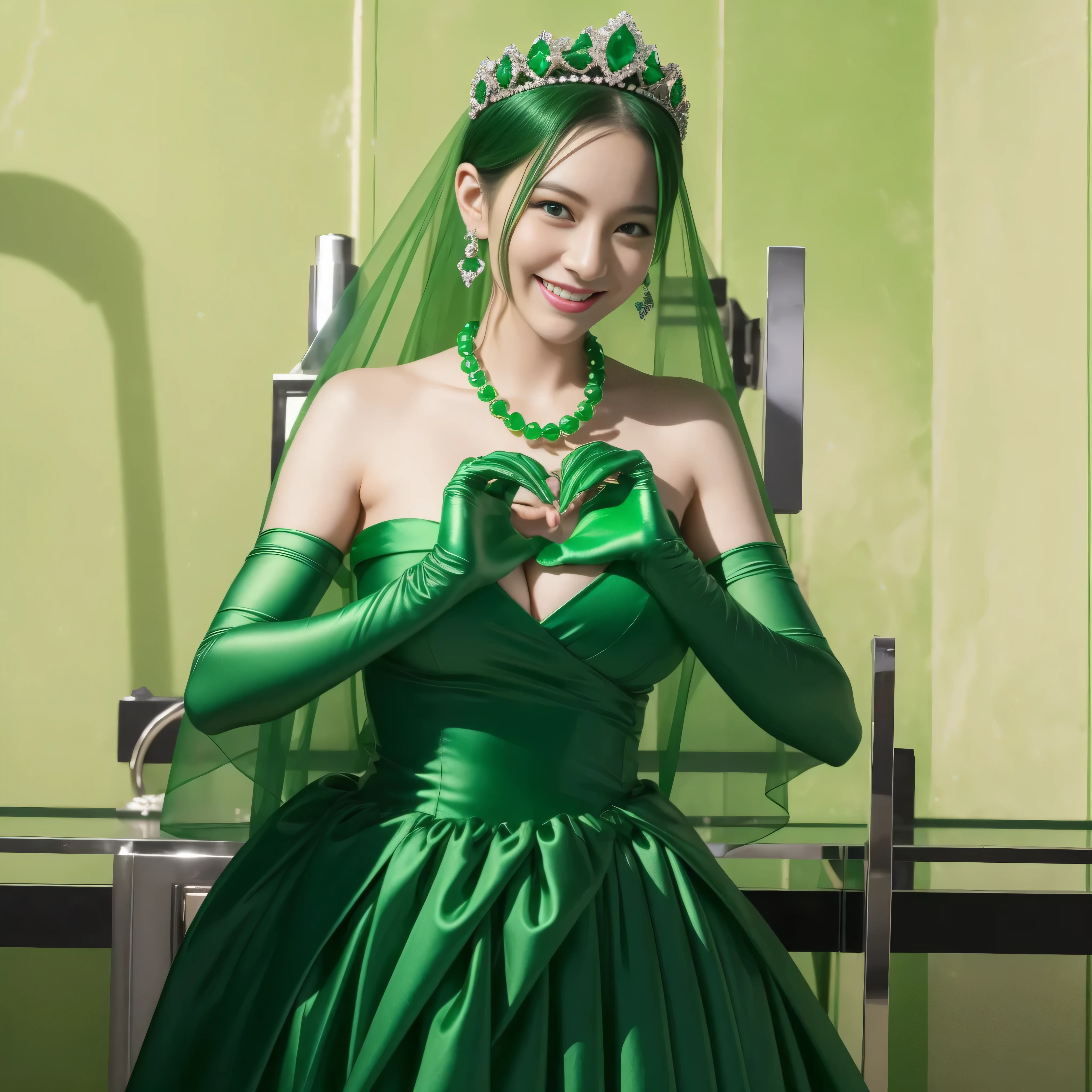 emerald tiara, green pearl necklace, boyish very short green hair, lipstick, smiling Japanese woman, very short hair, Beauty with large breasts, green eyes, Long Green Satin Gloves, green eyes, emerald earrings, green veil, heart with both hands