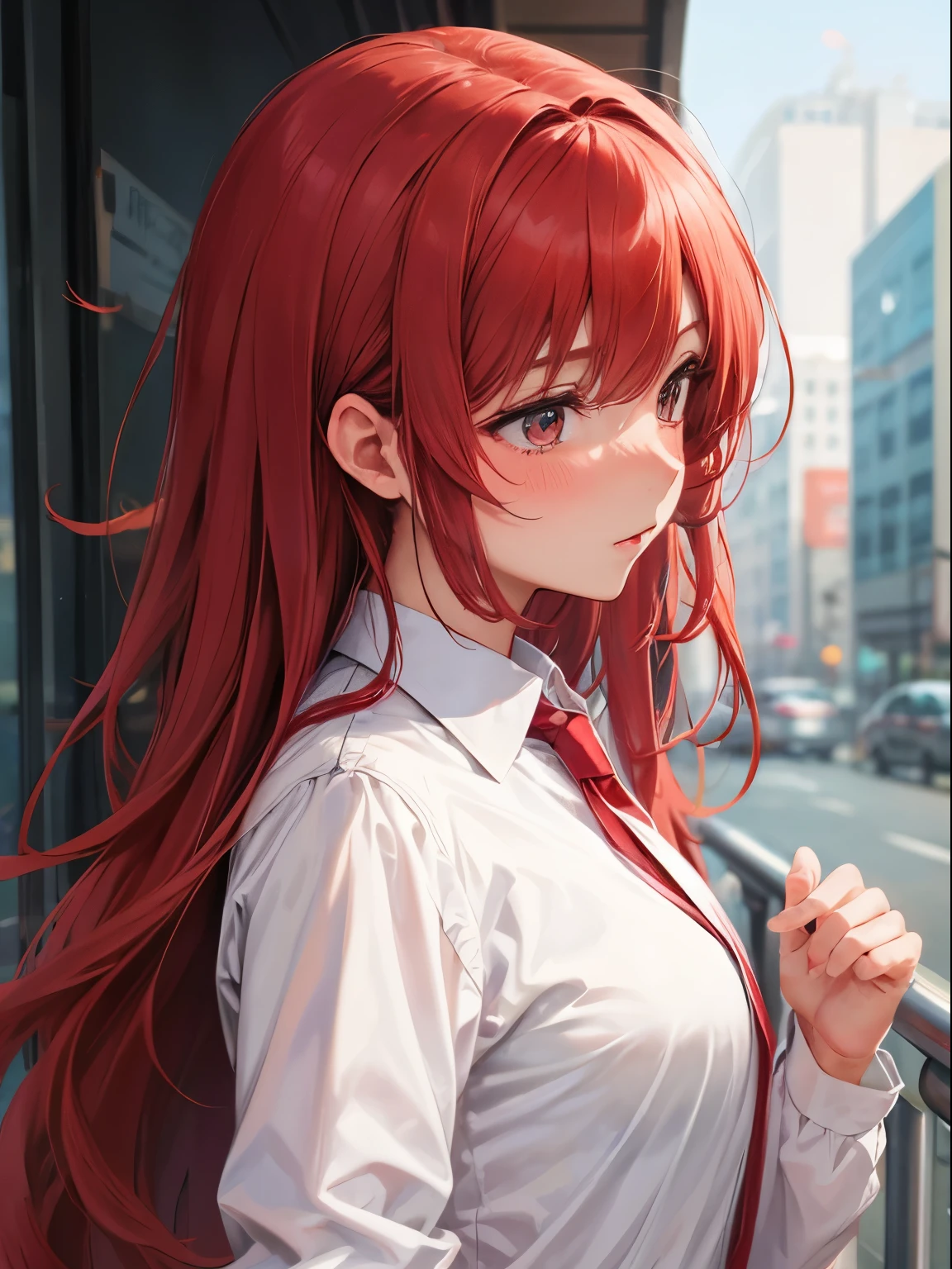 Woman in suit、red blush、Red hair、Subject from the side