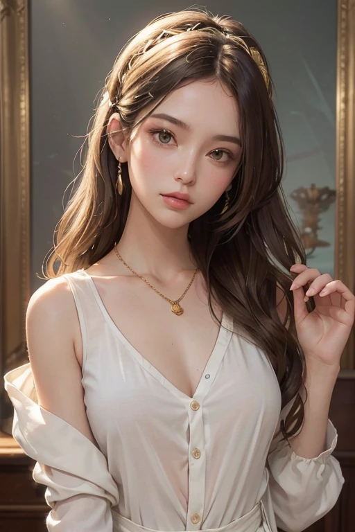 best quality, masterpiece, high_res, 1girl, hair ornament, necklace, jewelry, Beautiful face, tyndall effect, photo realistic, rim lighting, two tone lighting, (high detailed skin:1.2), 8k uhd, dslr, soft lighting, high quality, volumetric lighting, candid, Photograph, high resolution, 4k, 8k, Bokeh, medium breasts, lingerie pijamas, see-through, nipple, absurdres, shirt, long wavy hair, hair on shoulder