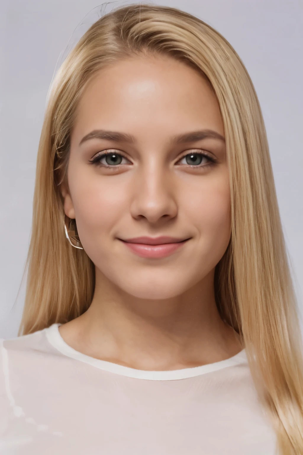 Create a realistic, passport-appropriate portrait of a 25-year-old Colombian woman with blonde hair and light eyes. La mujer es muy linda y sensual, meeting current beauty standards The image must highlight your natural beauty and a smiling expression, mientras se mantiene un fondo blanco. Ensure uniform lighting to maintain portrait fidelity and meet passport photography standards.