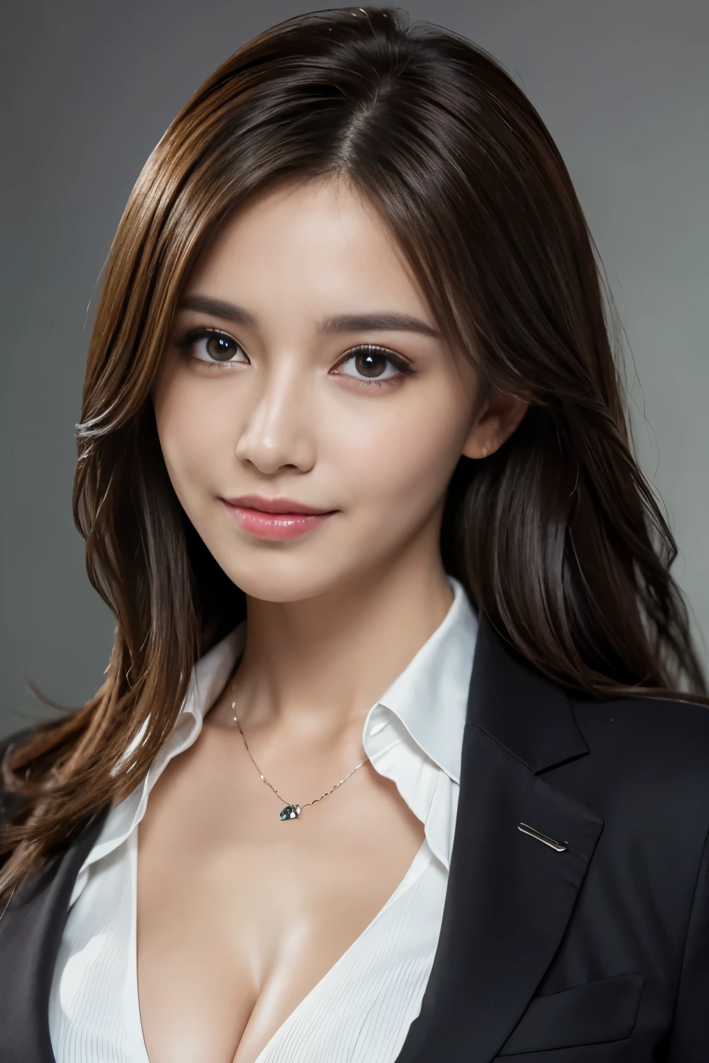 table top, highest quality, realistic, Super detailed, finely, High resolution, 8k wallpaper, 1 beautiful woman,, light brown messy hair, wearing a business suit, sharp focus, perfect dynamic composition, beautiful and detailed eyes, thin hair, Detailed realistic skin texture, smile, close-up portrait, model body shape,cleavage