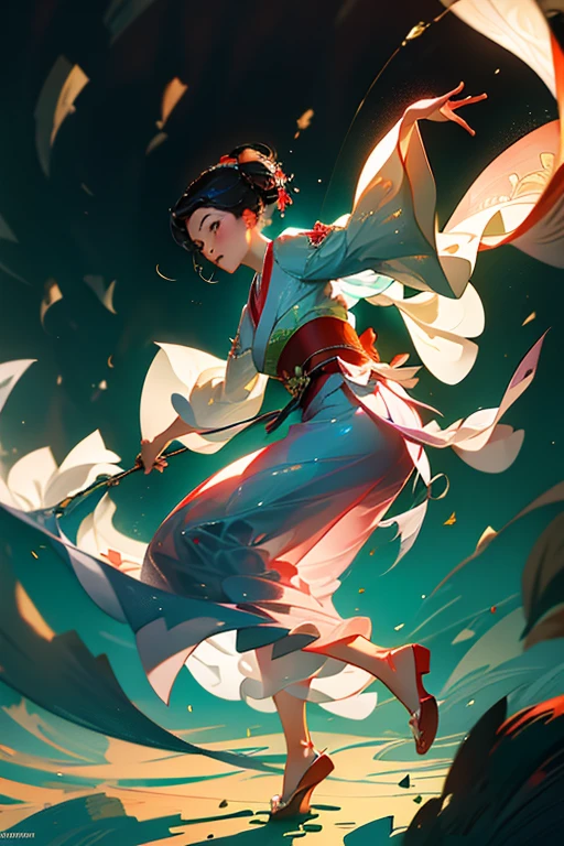 A digital painting of a graceful young Japanese woman, elegantly dancing in a resplendent kimono during the fall season. The intricately crafted kimono, adorned with waves and layers of fabric, effortlessly conveys a sense of movement and depth. Created by a renowned Japanese artist, this masterpiece graces ArtStation in breathtaking 8k resolution. Meticulously detailed ornaments and embellishments accentuate the exquisite artwork. Cinematic lighting illuminates the scene from various angles, casting captivating rim lighting that emphasizes the folds and textures of the kimono.
