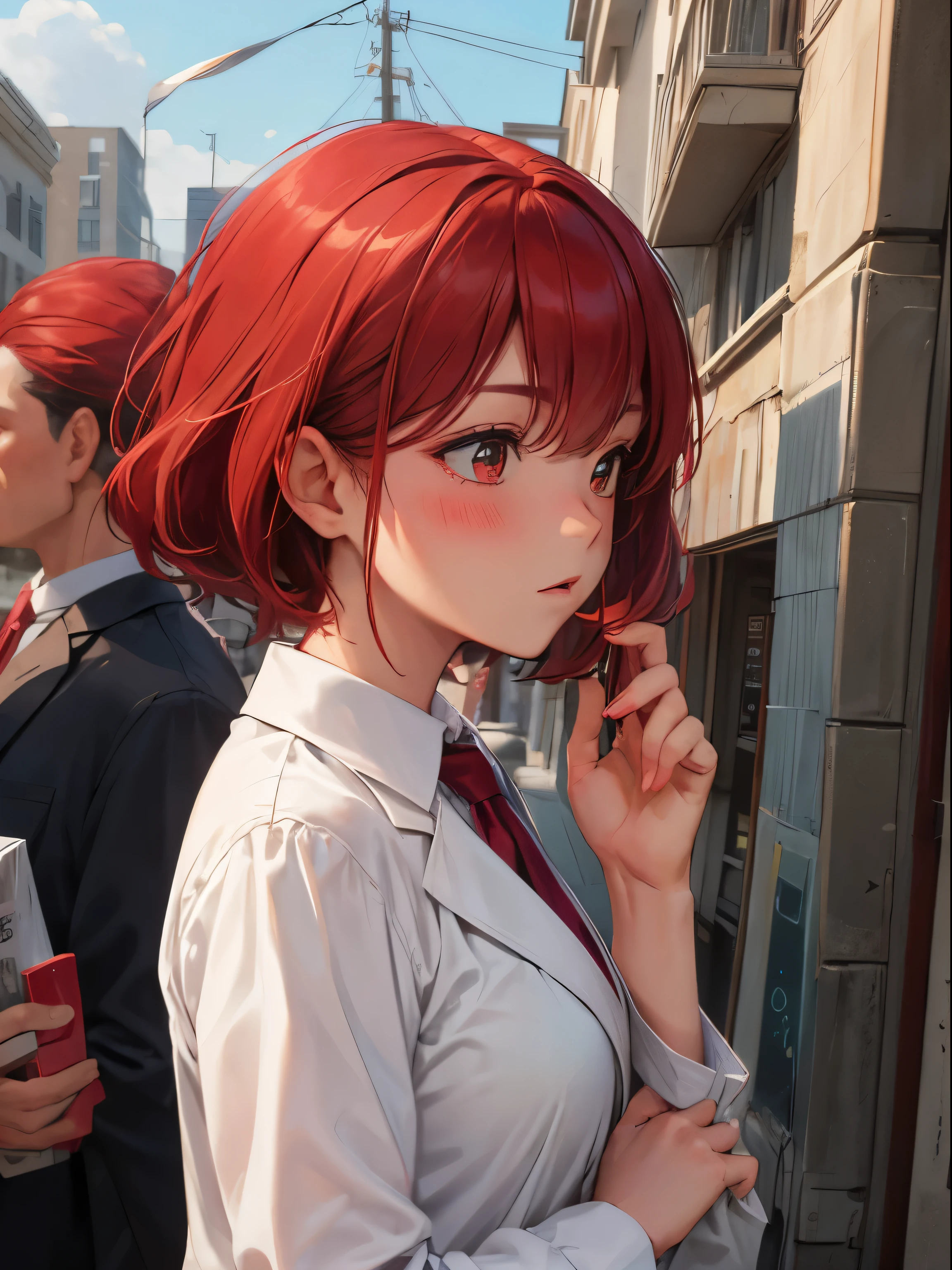 Woman in suit、red blush、Red hair、Subject from the side