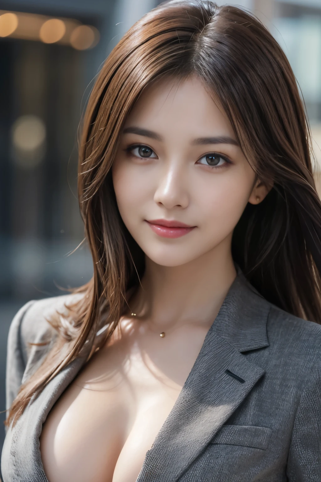 table top, highest quality, realistic, Super detailed, finely, High resolution, 8k wallpaper, 1 beautiful woman,, light brown messy hair, wearing a business suit, sharp focus, perfect dynamic composition, beautiful and detailed eyes, thin hair, Detailed realistic skin texture, smile, close-up portrait, model body shape,cleavage