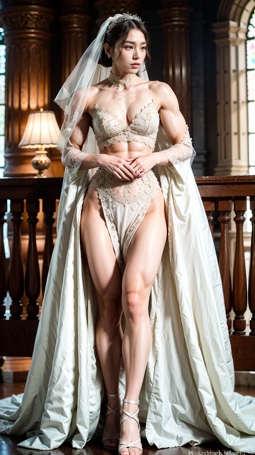(Muscular:1.5), female, bokeh, Chinese, Beautiful woman, (two piece wedding dress), (split dress), full body view, abs, church, detailed eyes, (athletic body:1.0), (muscular body:1.5), (looking at viewer) (Bulky:1.1), (beautiful expression:1.4), dark studio, rim lighting, two tone lighting, dimly lit, low key (DETAILED SKIN)
