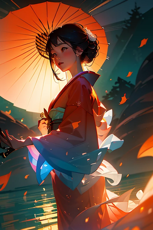 A beautiful young Japanese woman, adorned in a meticulously crafted kimono, dances elegantly amidst the autumnal scenery. The kimono, layered with waves of fabric, evokes a captivating sense of movement and depth. The fall season casts a warm, orange hue over the landscape, illuminated by the cinematic lighting of renowned Japanese artists on ArtStation. The intricately ornate details of the kimono come to life under the rim lighting, each fold and wrinkle illuminated in stunning 8k resolution. The scene unfolds in an extremely detailed and expansive manner, transporting viewers into the heart of this enchanting moment