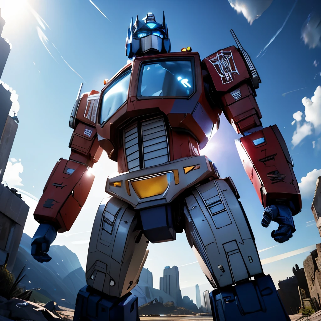 (best quality,4k,highres),ultra-detailed,realistic,photorealistic,hdr,studio lighting,extreme detail description,professional,vivid colors,bokeh,concept artists,landscape,dark blue,moonlight,moonlit scene,shadows,reflective surface,lens flare,peaceful atmosphere,sci-fi,action pose,determined expression,Transformers,towering robots,cityscape,mechanical parts,glimmering armor,glowing eyes,advanced technology,metallic textures,red torso, blue legs, explosions,battle scene,epic composition,heroic,powerful,infused with energy,grand scale,artistic masterpiece.