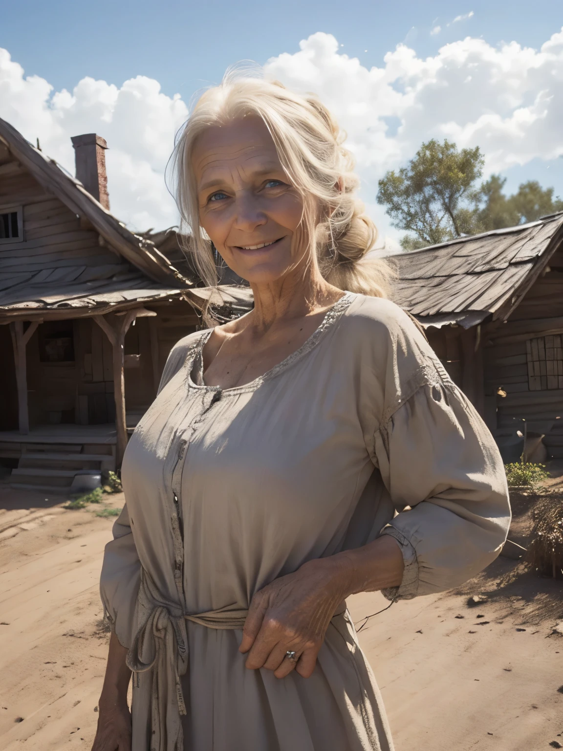 Poor but happy old farmer woman in 17th century Sweden, skinny, looking at the camera, rough face, dirty face, (smiling), happy eyes, blue eyes, beige worn out traditional clothes, ((dirty)), in front of a plain house, forest, upper body shot, high resolution, 8k, ultra realistic 